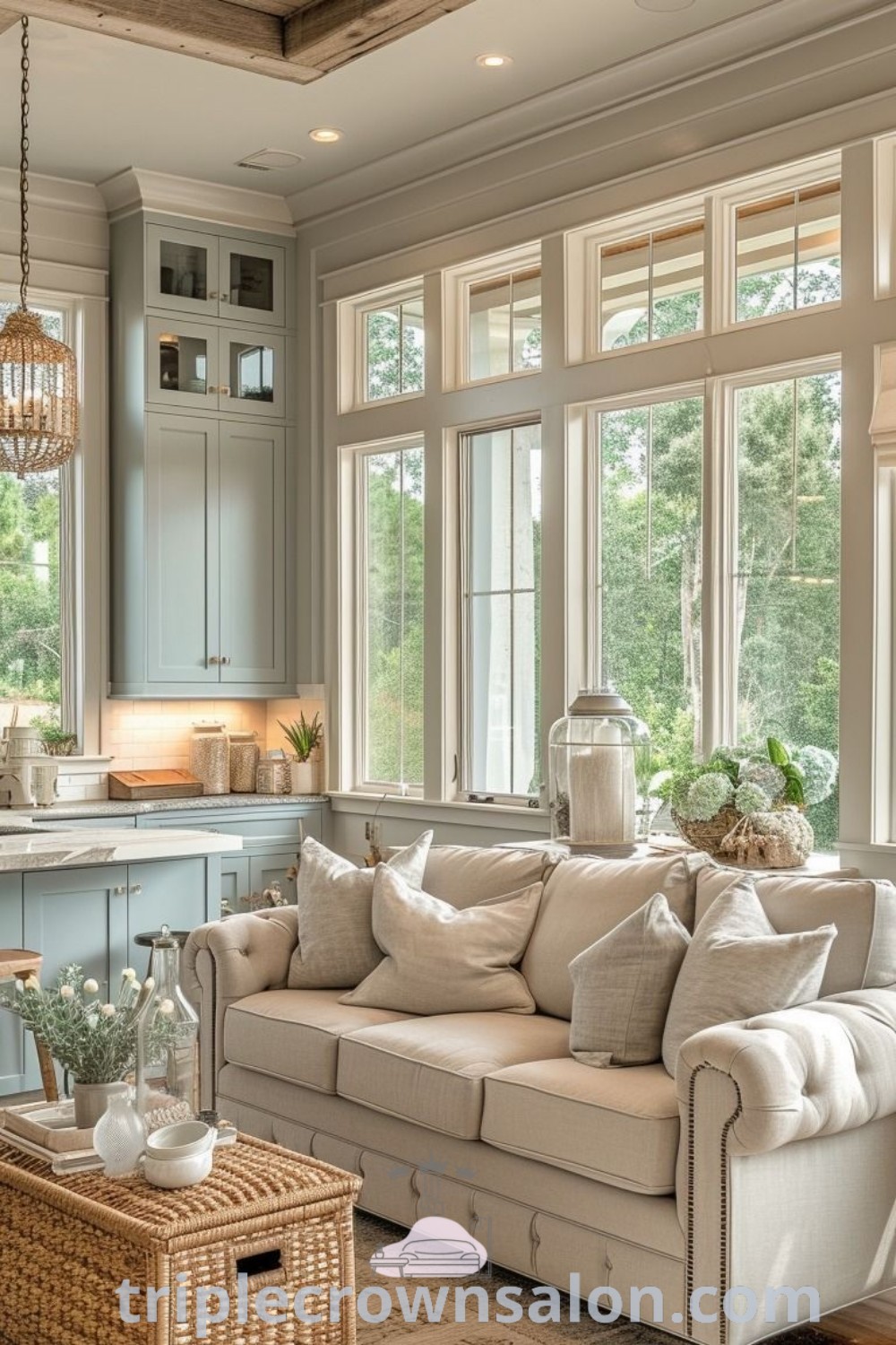 A bright French cottage living room filled with vintage furniture and large windows, showcasing a cozy aesthetic with modern farmhouse design ideas. This decor offers inspirations for cozy home spaces and unique ideas for apartments. Explore more at triplecrownsalon.com.