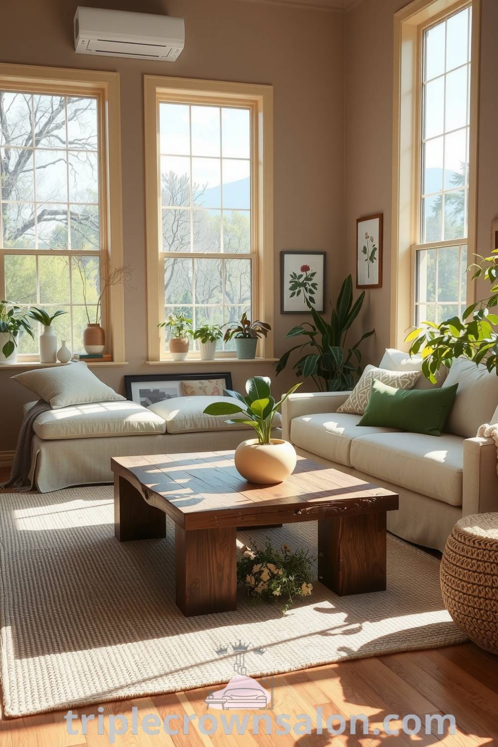 Sunlit nature-inspired living room featuring earth-toned walls, cozy linen sofa, rustic reclaimed wood coffee table, potted plants, and a woven rug, creating a tranquil sanctuary for relaxation, with decor ideas for your home at triplecrownsalon.com.
