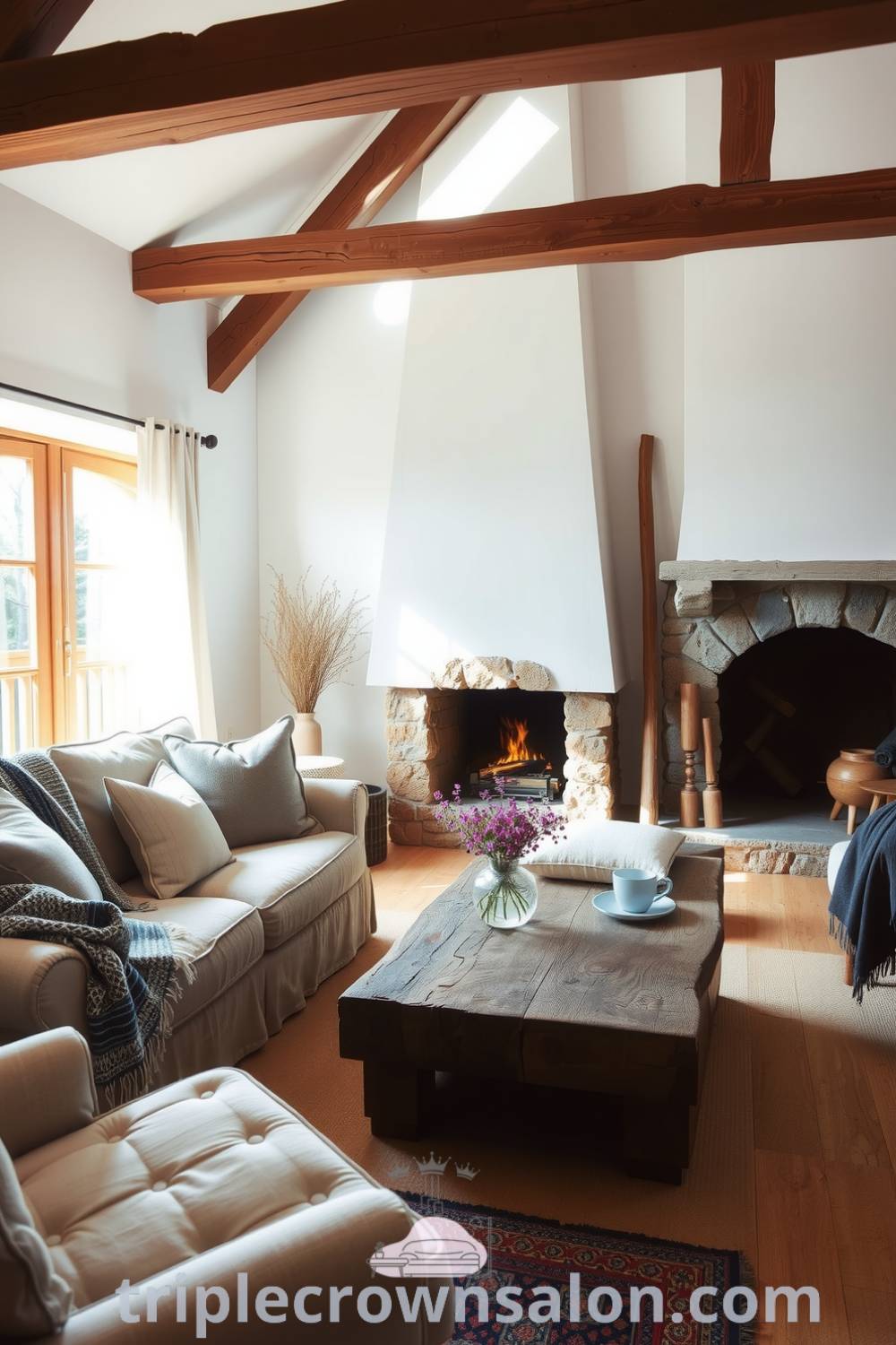 Rustic living room featuring soft white walls, exposed oak beams, a plush faded sofa with handwoven throws, a glowing stone fireplace, and sunlight filtering through linen curtains, creating a cozy and inviting atmosphere for relaxation. Visit triplecrownsalon.com for cozy home decor ideas.