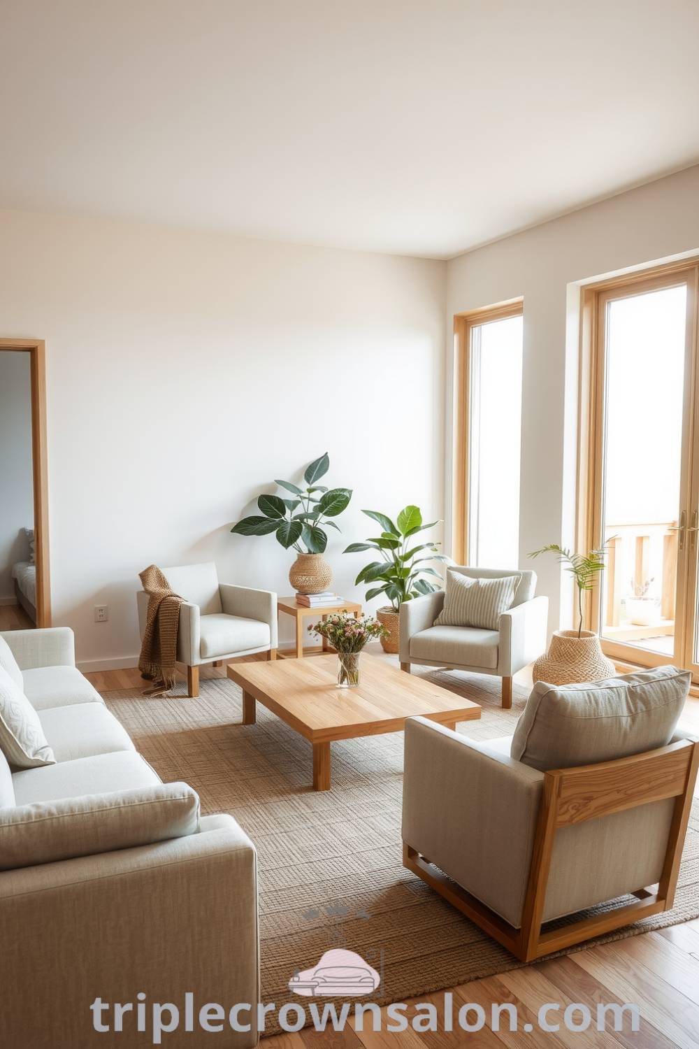 Japandi living room adorned in soft beige tones with a natural wood coffee table, plush armchairs, large windows for daylight, a woven rug, and potted plants, showcasing cozy design ideas and inspirations for your home at triplecrownsalon.com.