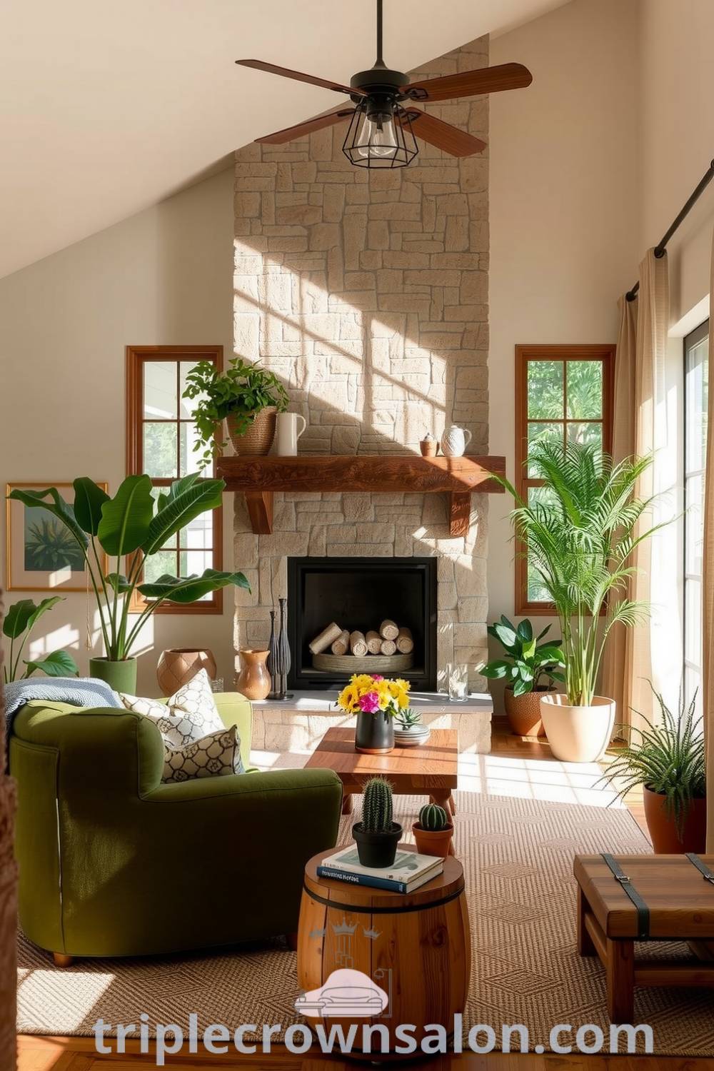 Cozy living room featuring soft beige walls, reclaimed wood furniture, a moss-green sofa, and a large stone fireplace, enhanced with potted ferns and succulents, creating a serene and inviting atmosphere. Visit triplecrownsalon.com for decor ideas.