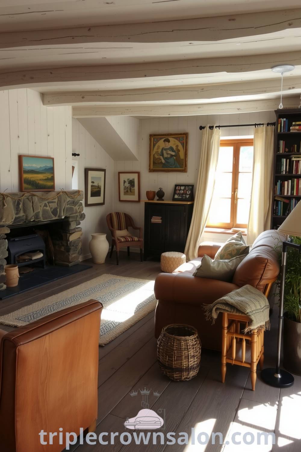 Cozy rustic living room featuring white-washed wooden walls, a stone fireplace, overstuffed leather sofa, mismatched armchairs, and handwoven rugs. Decor ideas include bookshelves filled with novels, offering inviting and inspiring design ideas for a cozy home. Visit triplecrownsalon.com for more inspirations.