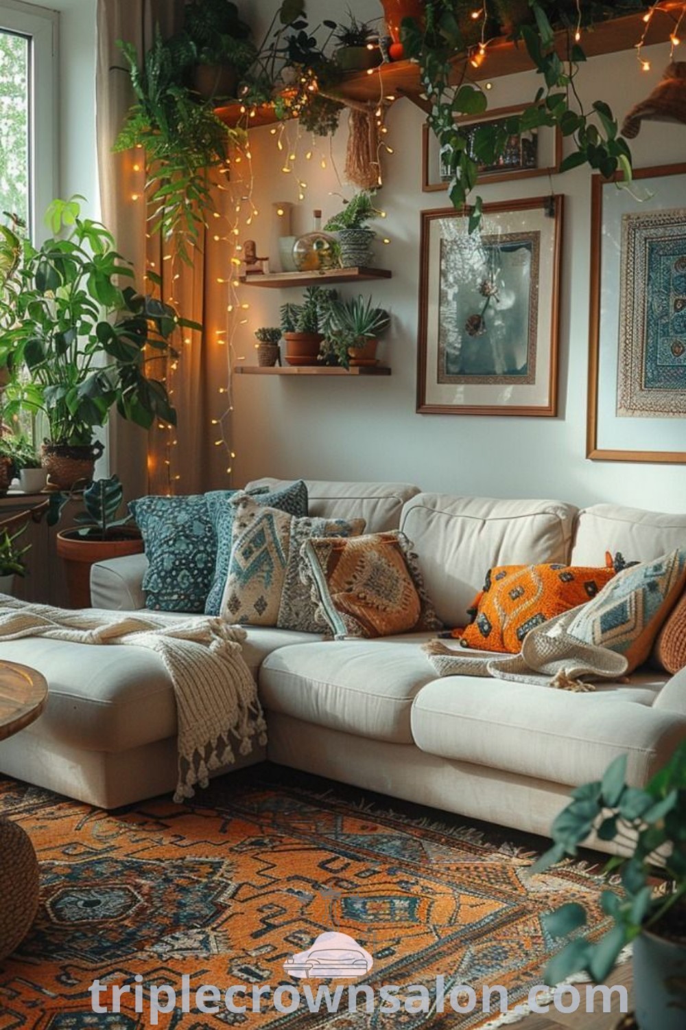 An earthy living room filled with comfortable furniture, vibrant plants on the walls, and natural decor ideas for a cozy home. This bohemian-inspired space offers inspiring living room decor ideas perfect for apartments. Discover more cozy inspirations at triplecrownsalon.com.