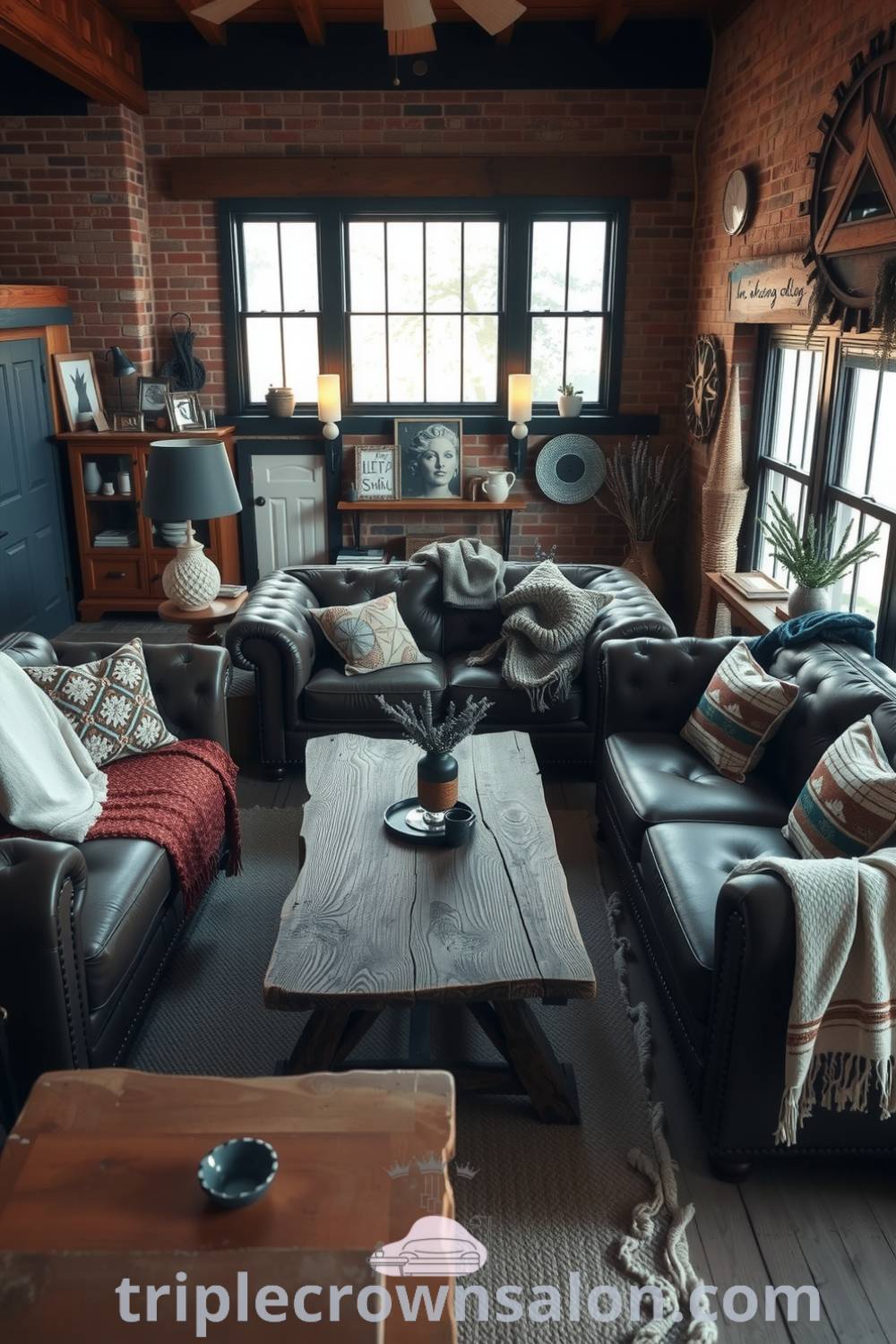 Rustic coastal living room featuring calming blue hues, soft leather couches, a rugged wooden coffee table, exposed brick walls, handmade crafts, and cozy blankets, creating a welcoming and cozy atmosphere perfect for relaxation and gatherings. Visit triplecrownsalon.com for more cozy design ideas.