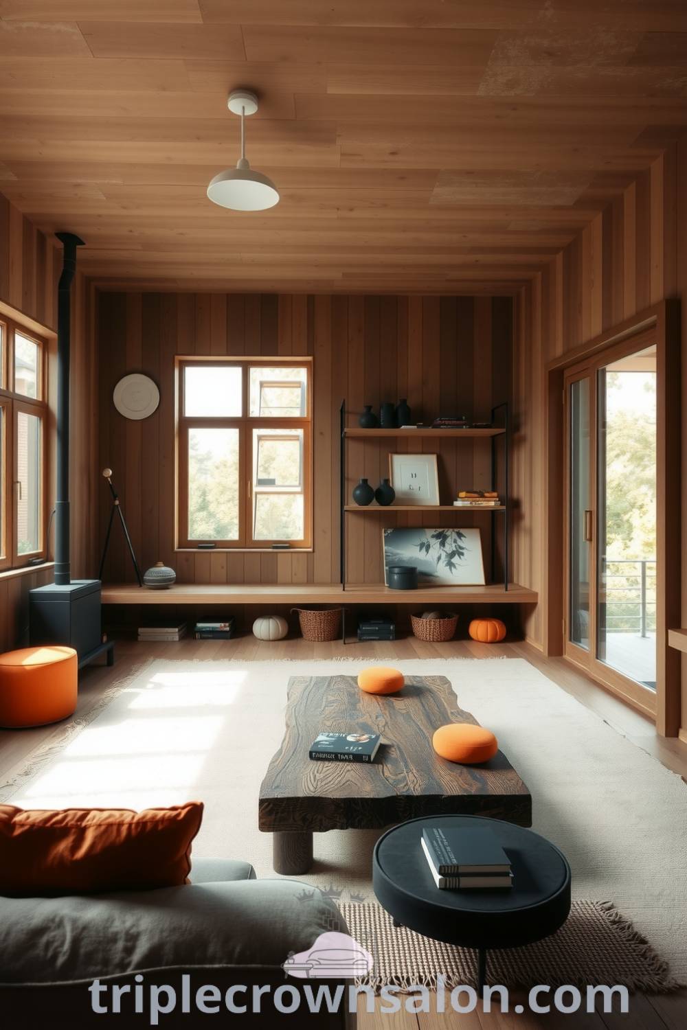 Japandi-style living room with deep orange accents, muted wooden tones, a reclaimed wood coffee table, plush natural fabric seating, and large windows that invite light, creating a cozy and inspiring space. Visit triplecrownsalon.com for unique ideas and design inspirations.