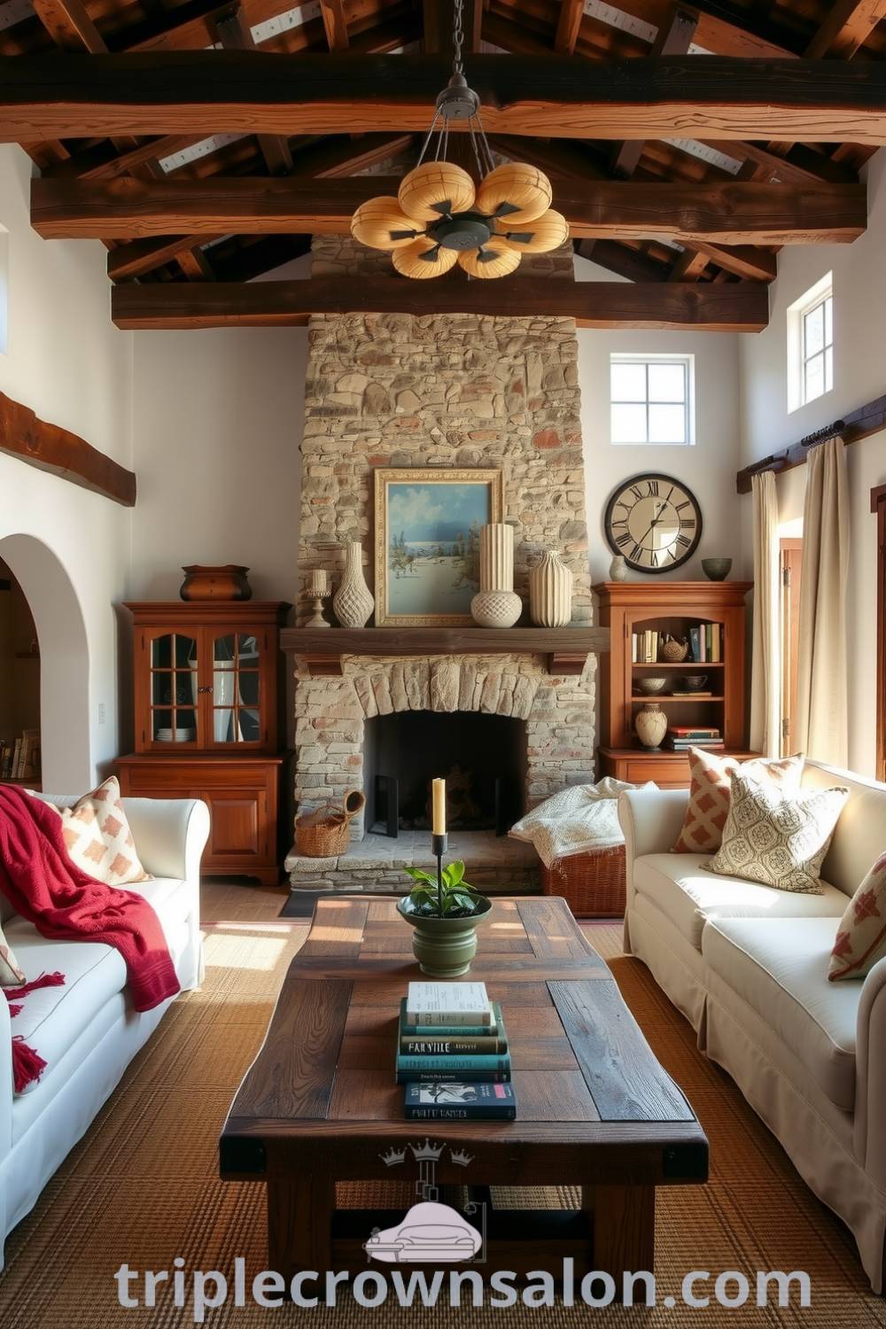 Cozy rustic living room featuring whitewashed walls, weathered wood beams, a stone fireplace, overstuffed couches, and a handmade wooden coffee table with books, showcasing inviting decor ideas for a warm, inspiring home atmosphere, visit fireplacesandwoodstoves.com.