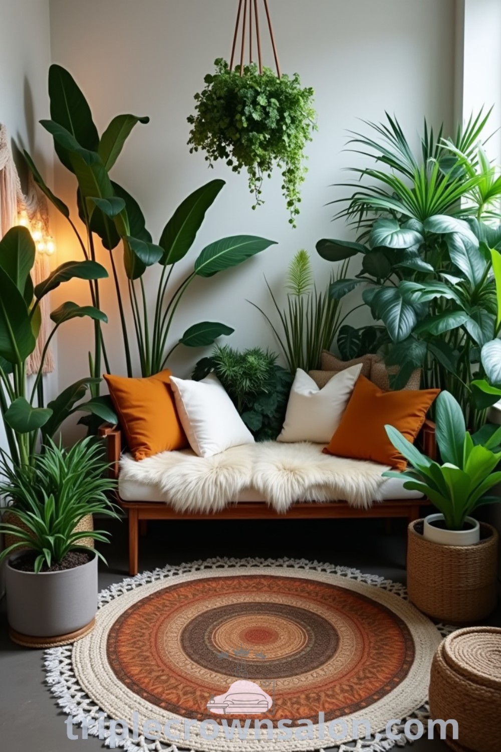 A vibrant living room filled with various indoor plants and potted plants on top of a decorative rug, creating a cozy home aesthetic. This scene showcases ideas for planters and plant corners, offering gardening hacks and inspirations for growing vegetables indoors, perfect for enhancing your space. Discover more at triplecrownsalon.com.