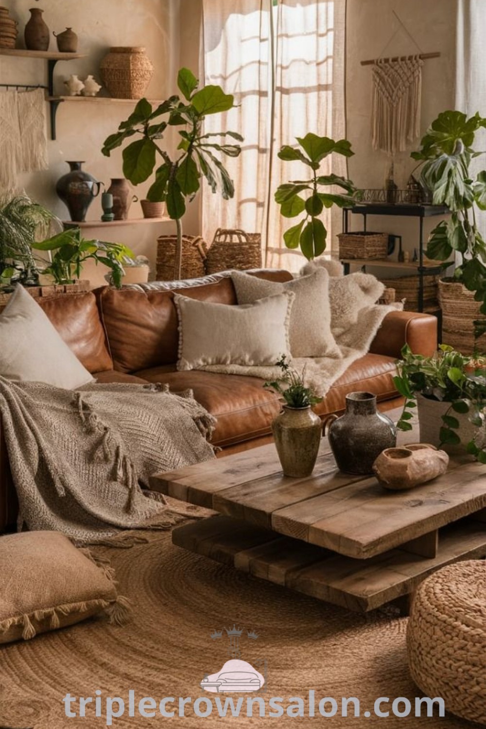 A cozy living room filled with various furniture and lush plants on top of the couches, showcasing a plant boho aesthetic. This design includes elements of boho chic, rustic decor ideas, and unique inspirations, creating a warm and inviting space. Discover more cozy home ideas at wellnesswink.com.