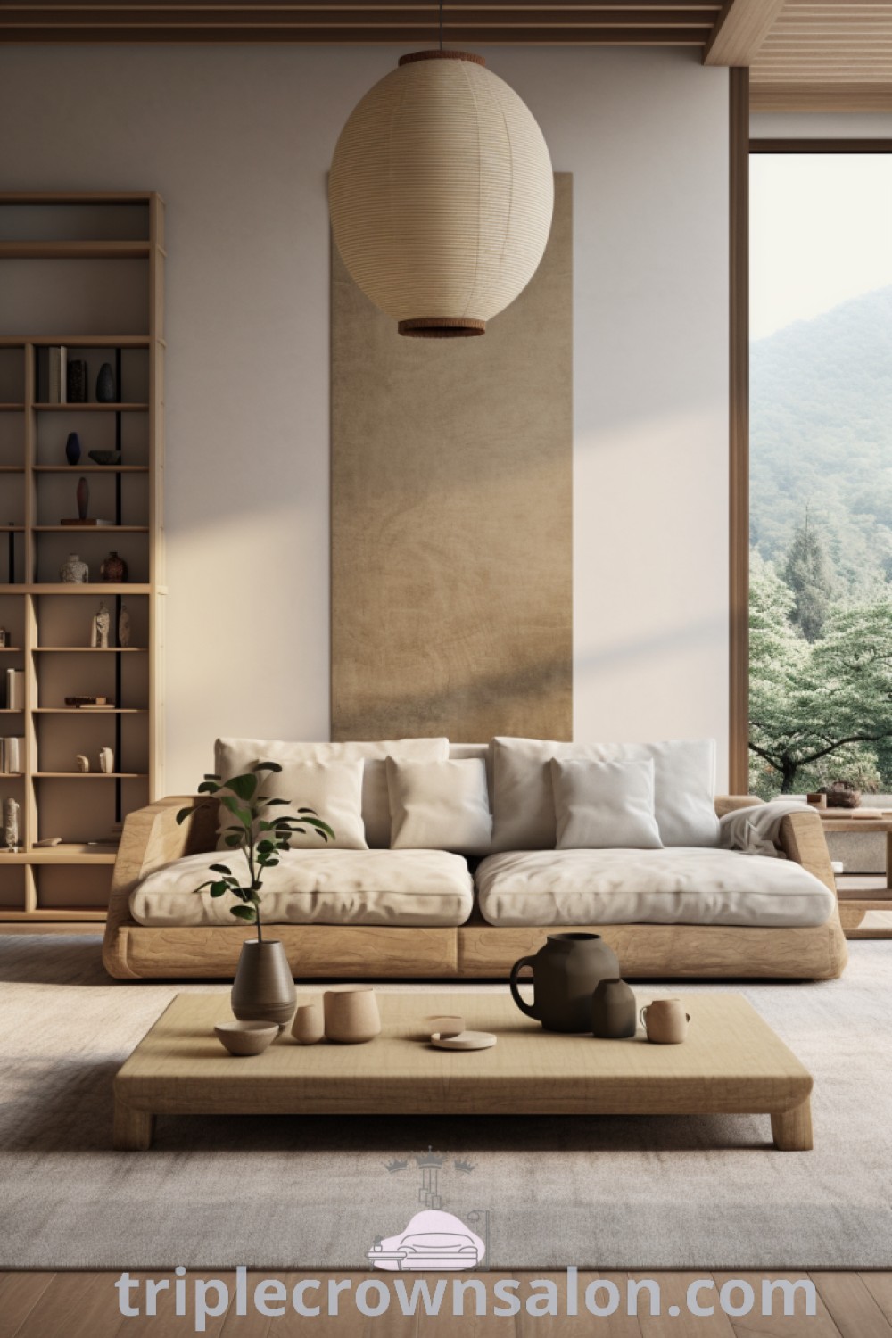 A large Japandi living room showcasing a stone wall, dark sofa, and modern decor elements, designed for a cozy aesthetic. Featuring plants and a rug, this inspiring space offers unique ideas and design tips for your home, blending comfort and style. Discover more decor ideas at triplecrownsalon.com.