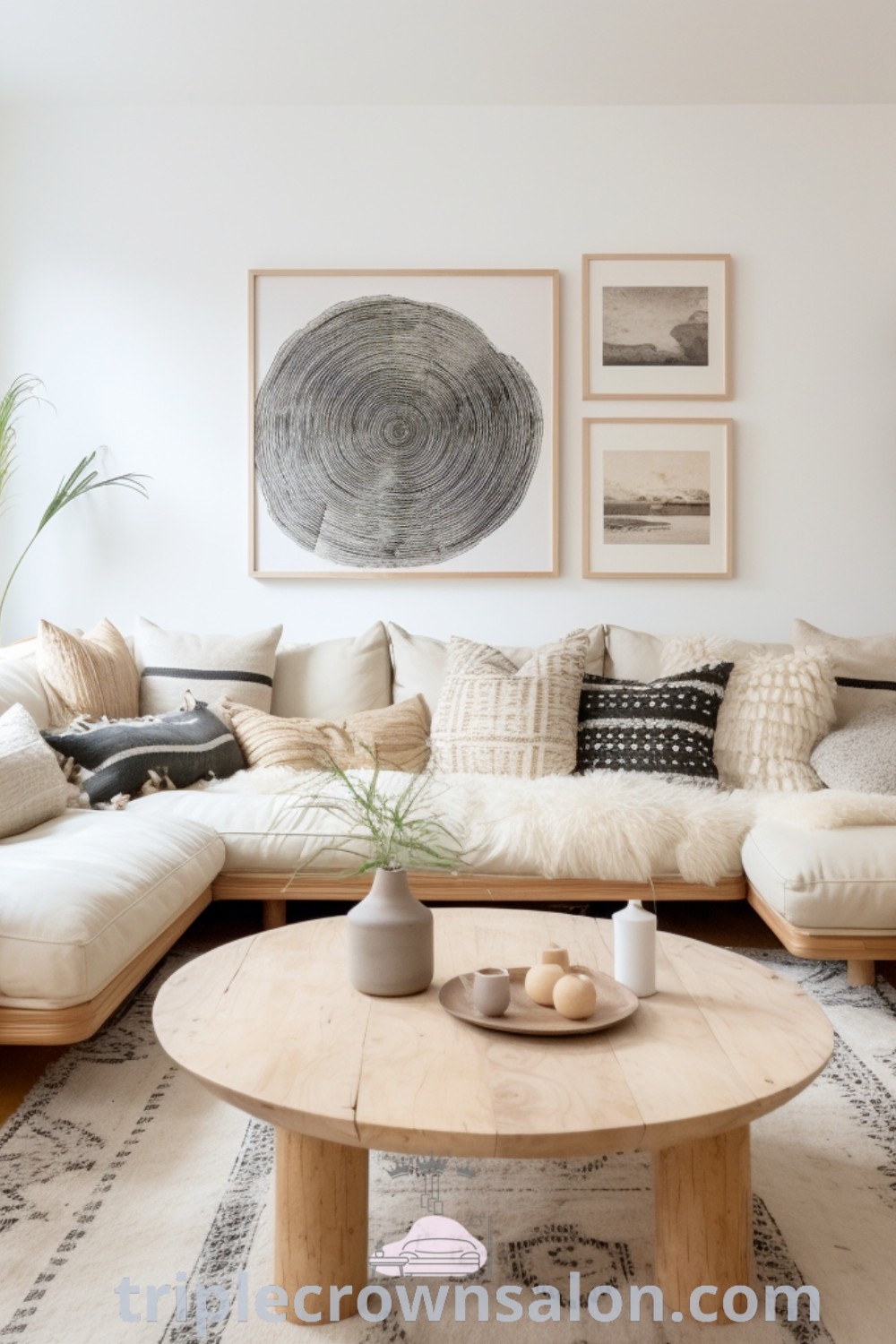 A chic mint green living room showcasing Japandi style with cozy decor ideas. This inviting space features warm accents and decor above the couch, providing inspiration for a stylish home. Explore more unique ideas at triplecrownsalon.com.