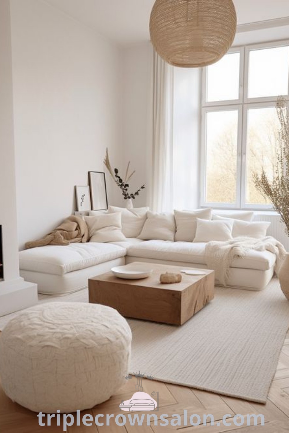 A cozy beige living room filled with stylish furniture and a fireplace in front of a large window, showcasing aesthetic living room decor ideas for a comfortable home. This inviting space offers inspiration for apartment design, blending elegance with functional decor. Discover more design ideas at triplecrownsalon.com.