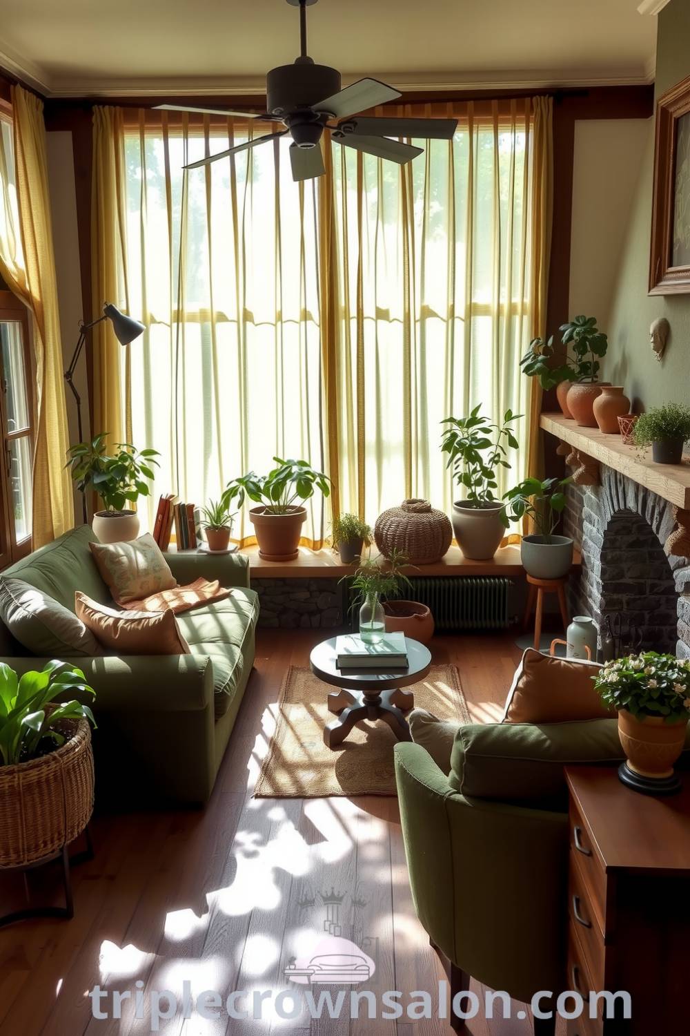 Nature-inspired living room with sunlight filtering through green curtains, a deep green sofa with earthy cushions, natural stone fireplace accents, and potted plants, creating a cozy and inviting atmosphere for relaxation. Visit triplecrownsalon.com for more decor ideas.