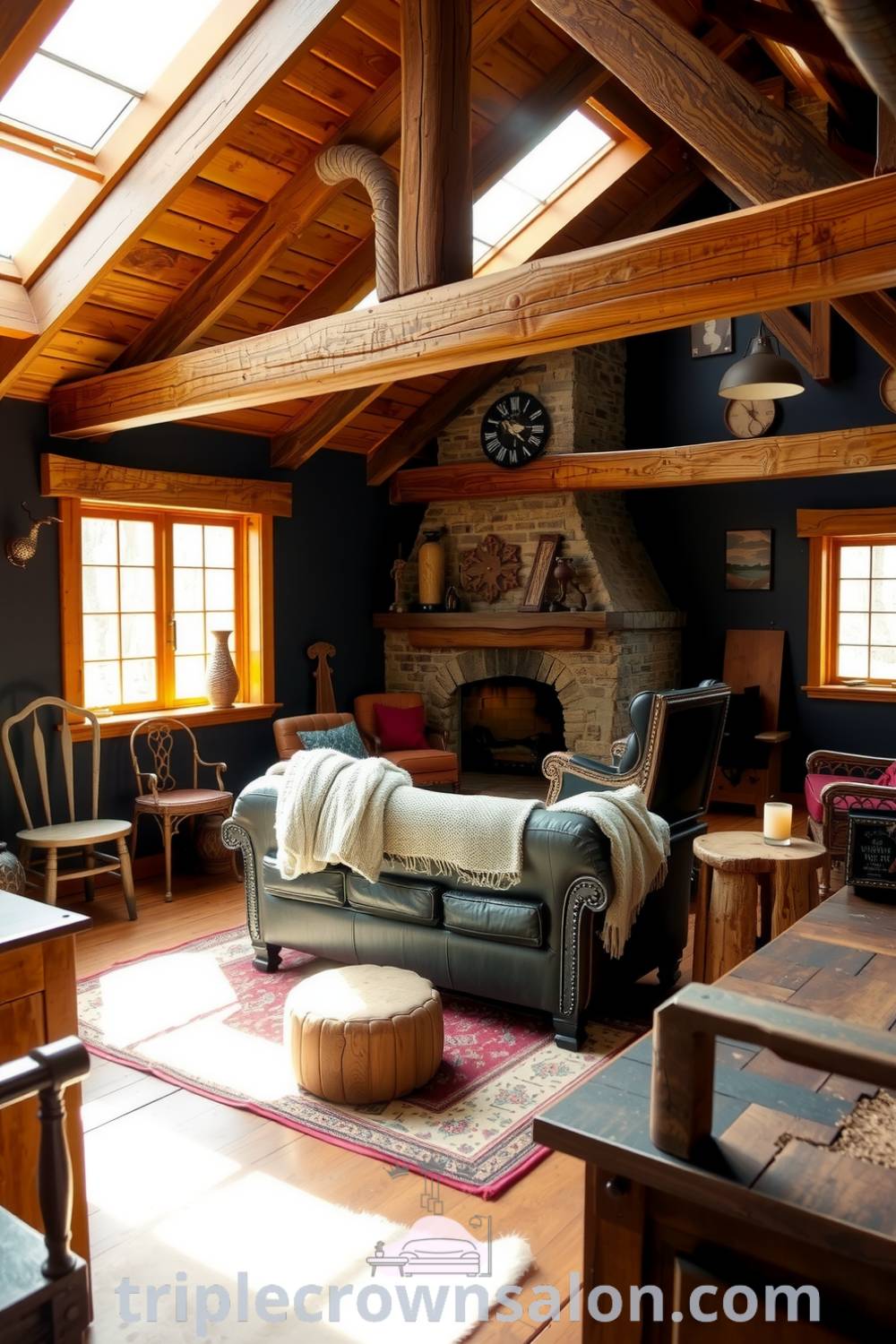 A cozy rustic living room with a leather couch, hand-knitted throws, and a crackling stone fireplace, accented by mismatched wooden furniture and a vintage rug, showcasing unique ideas for your home from fireplacesandwoodstoves.com.