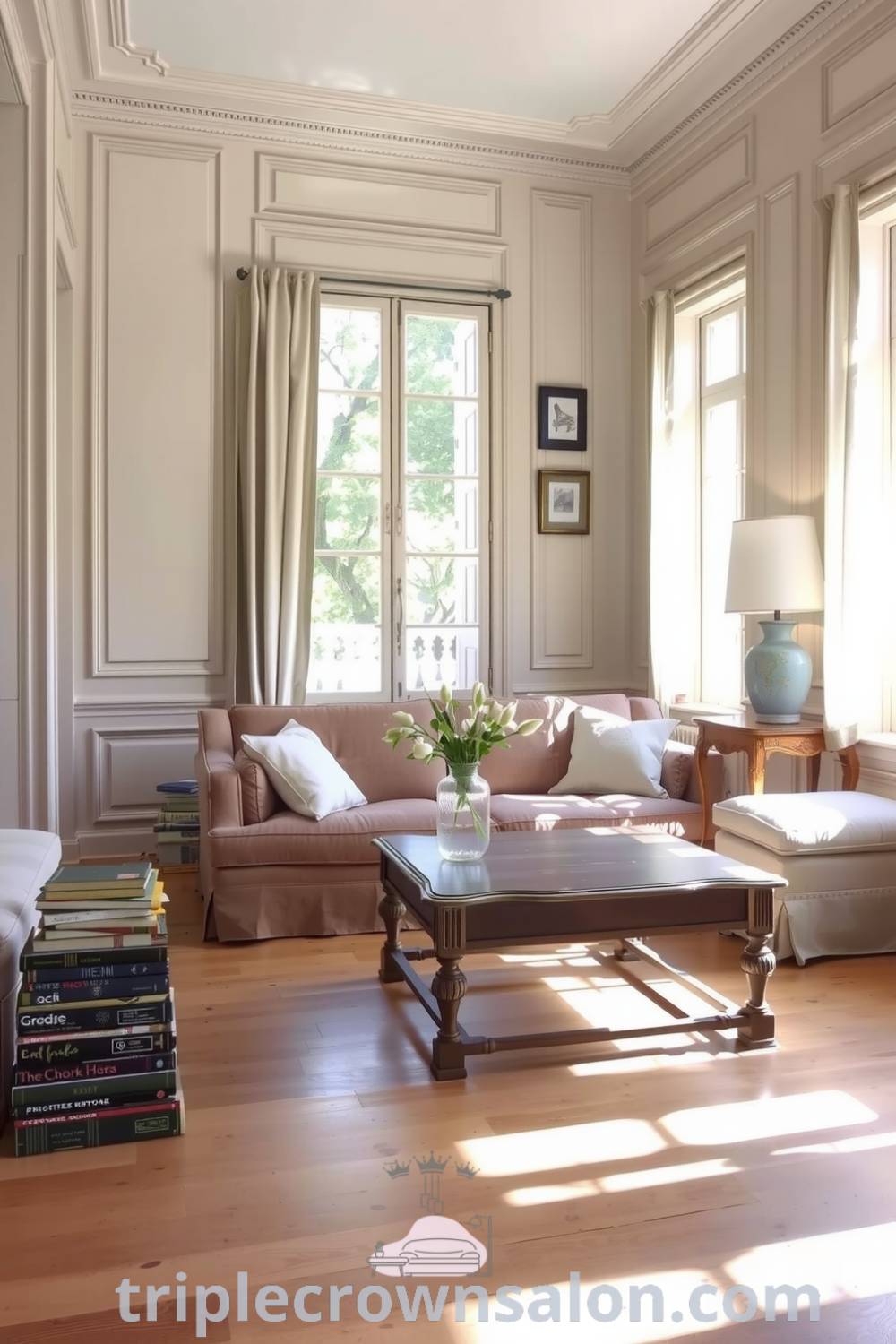 Elegant French living room featuring soft beige walls, delicate moldings, an oversized taupe sofa, an antique coffee table, tall windows with linen drapes, and fresh garden flowers, highlighting cozy ideas and decor inspirations for a warm and inviting home atmosphere. Visit triplecrownsalon.com.
