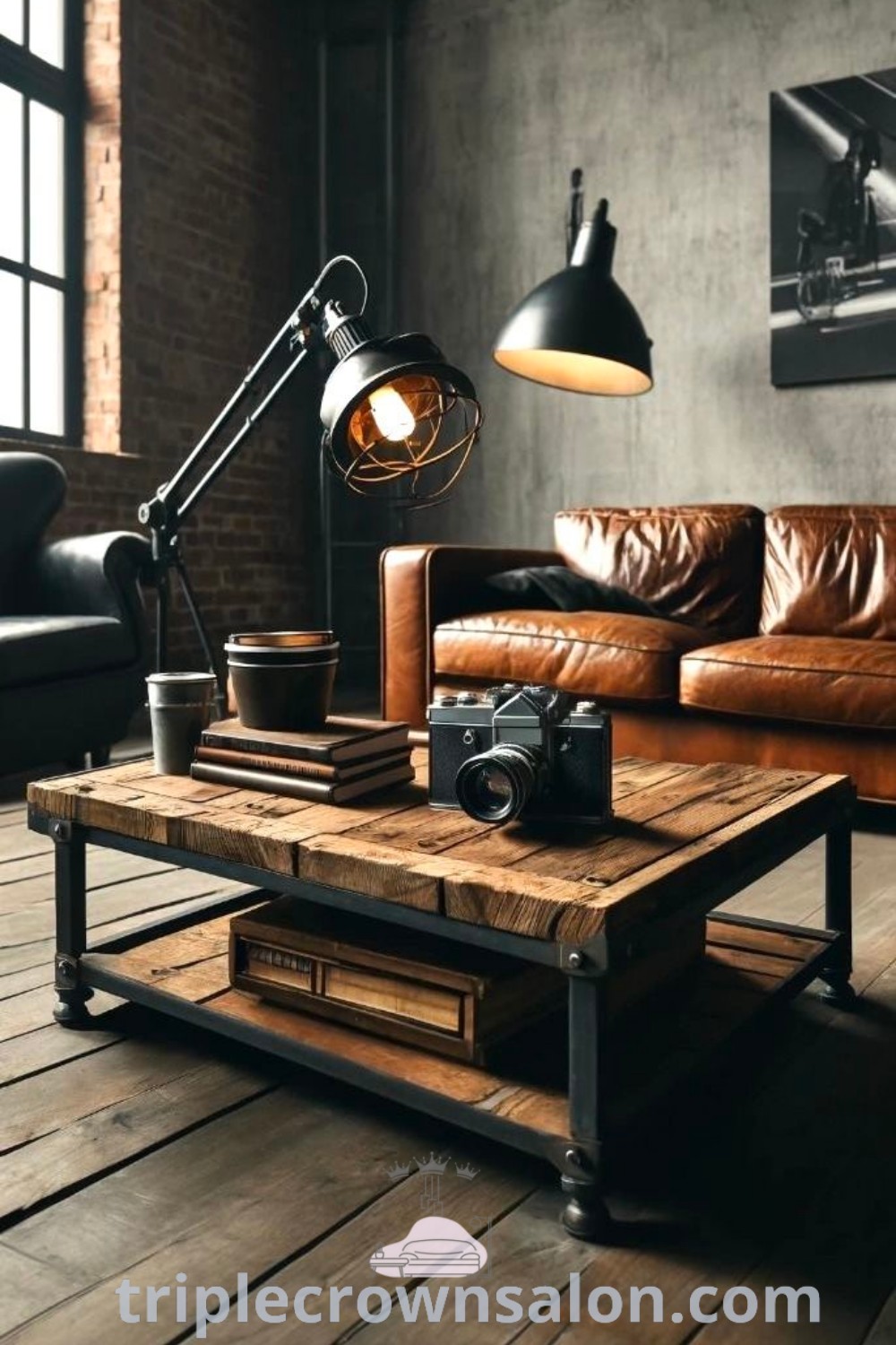 An industrial living room showcasing leather sofas and a rustic coffee table, combining wood and metal furniture design ideas for a cozy aesthetic. This space provides unique decor ideas for small spaces, creating a warm atmosphere. Explore more inspirations at triplecrownsalon.com.