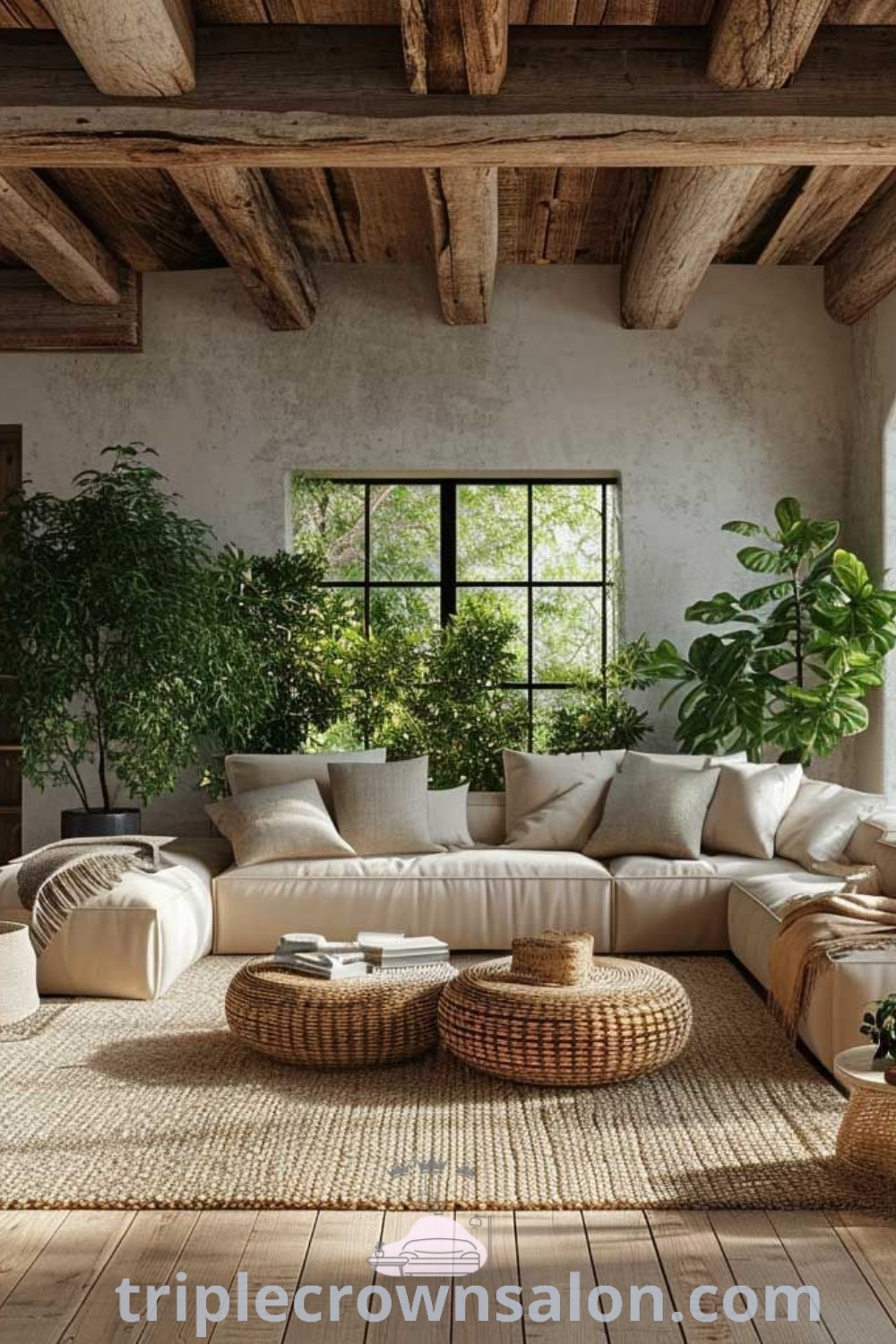 A cozy living room filled with furniture, greenery, and wooden flooring, showcasing natural interior design elements and earthy decor ideas. This inviting space offers unique inspirations for your home, perfect for small spaces or apartments. Discover more on triplecrownsalon.com.