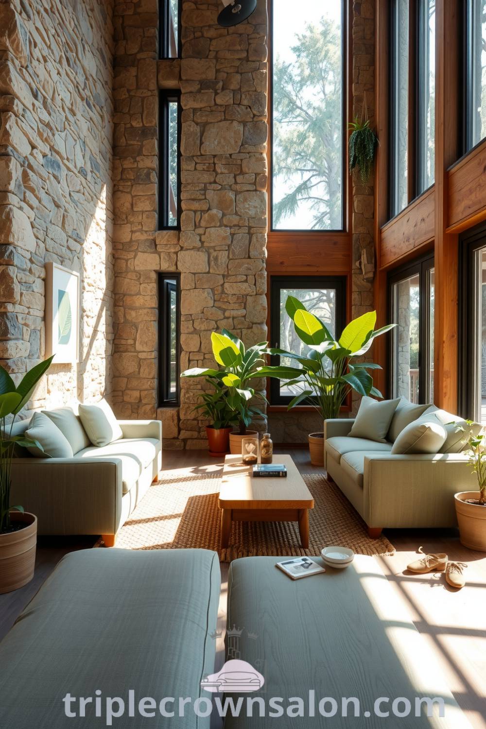 Cozy living room featuring a stone wall, linen sofas in muted green, large windows letting natural light in, and potted plants, offering cozy ideas and decor inspirations for creating a tranquil space at home. Visit triplecrownsalon.com for unique ideas and design tips.