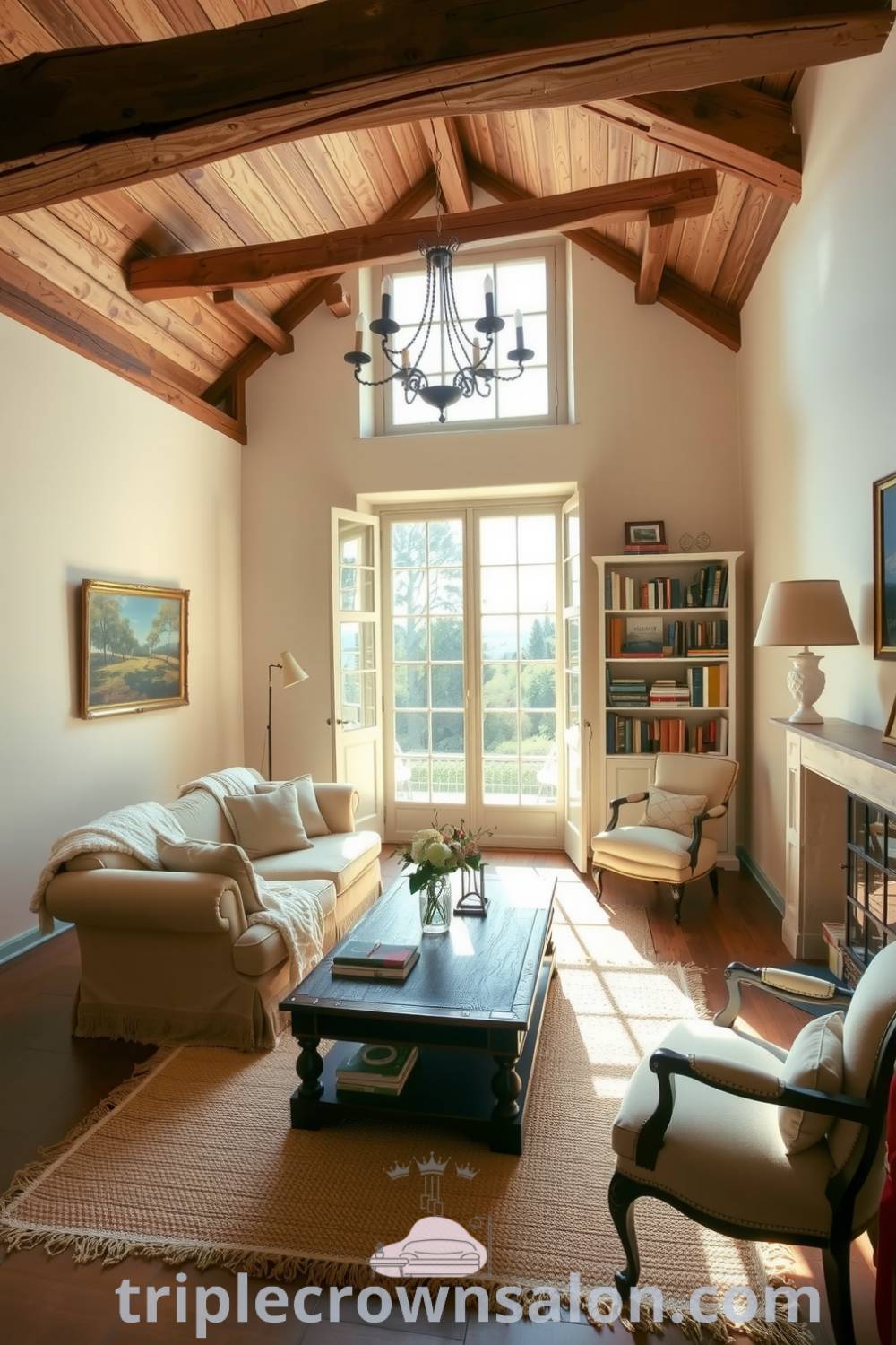 Charming French living room with soft cream walls, rustic wooden beams, a plush faded sofa with cozy blankets, antique bookshelves filled with novels, and natural light from a large window. For cozy decor ideas, visit triplecrownsalon.com.