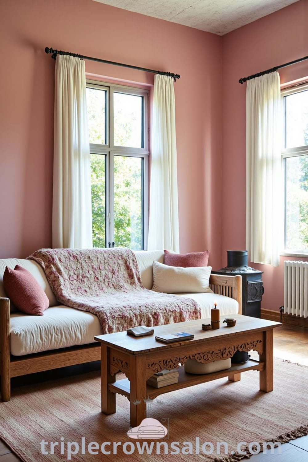 Cozy rustic living room with soft pink walls, weathered wooden furniture, an inviting sofa with a handmade quilt, and an intricately carved coffee table, creating décor inspirations for a cozy home atmosphere on fireplacesandwoodstoves.com.