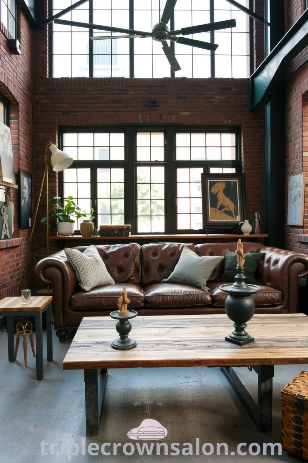 Industrial living room featuring exposed brick walls, polished concrete floors, a large weathered leather sofa, metal side tables, and a reclaimed wooden coffee table, showcasing cozy ideas and decor inspirations for a unique aesthetic at triplecrownsalon.com.