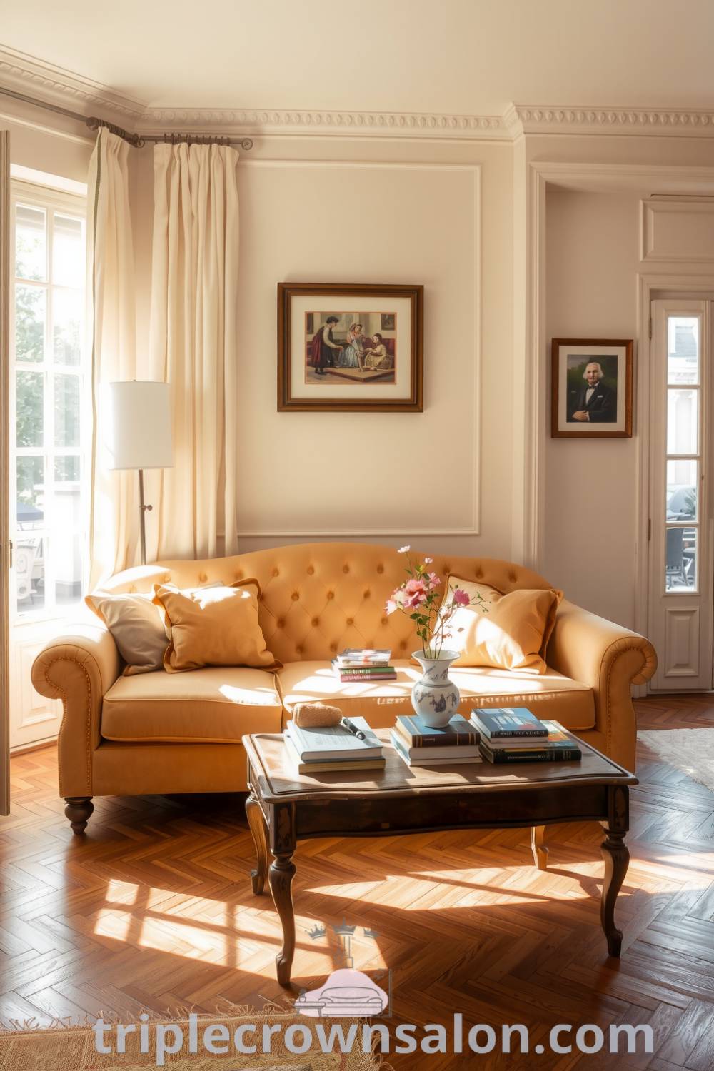Cozy French living room with plush velvet sofa, wooden coffee table adorned with books and fresh flowers, softly lit by sunlight through sheer drapes, creating a warm, inviting atmosphere for leisure and relaxation. Visit triplecrownsalon.com for cozy home decor ideas and inspirations.
