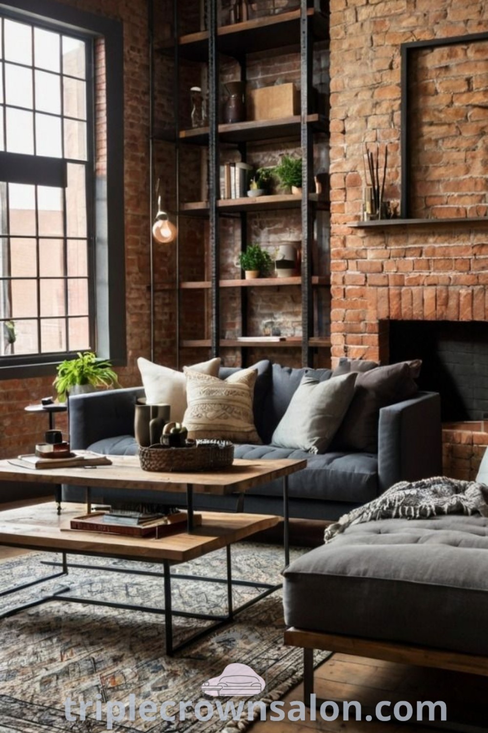 A cozy industrial living room with a fireplace in front of a stylish brick wall, featuring modern furniture and decor ideas. This space inspires warm industrial home designs and unique ideas for small apartments. Explore more decor inspirations at triplecrownsalon.com.