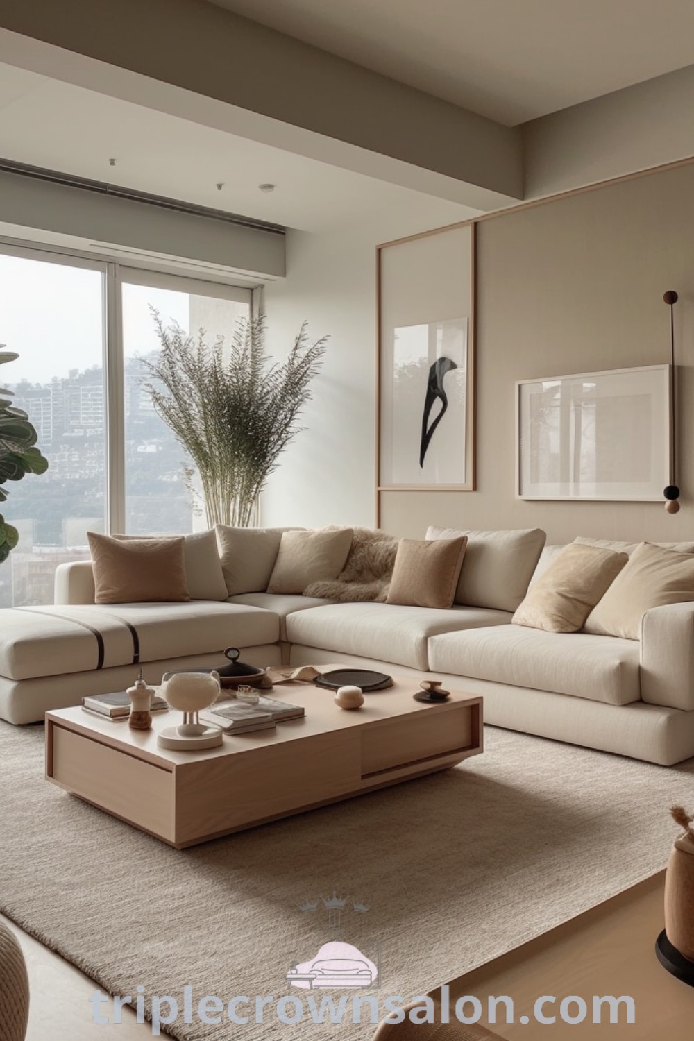 A modern living room showcasing a tan couch surrounded by stylish furniture and large windows, offering a cozy ambiance with natural colors. Ideal for apartment living, this design features inspirations for minimal modern decor ideas and unique cozy aesthetics, perfect for enhancing your home. Visit triplecrownsalon.com for more design tips.