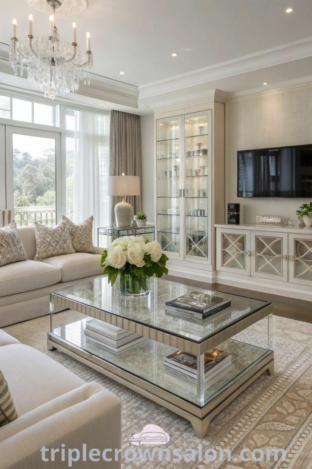 A modern living room filled with elegant furniture, featuring a flat-screen TV on a wall, showcasing timeless design ideas and comfortable layouts. This space serves as an inspiring example of living room designs and decor inspirations, perfect for cozy home aesthetics. More unique ideas can be found at wellnesswink.com.