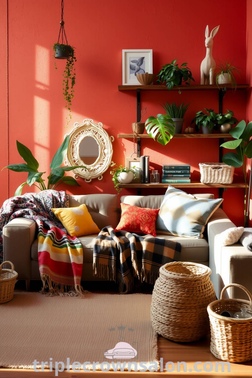 Cozy boho living room featuring soft orange walls, a plush sofa with vibrant throws, rustic wooden shelves with plants, and woven baskets, showcasing decor ideas and inspirations for an inviting home. Visit fireplacesandwoodstoves.com for more cozy design ideas.