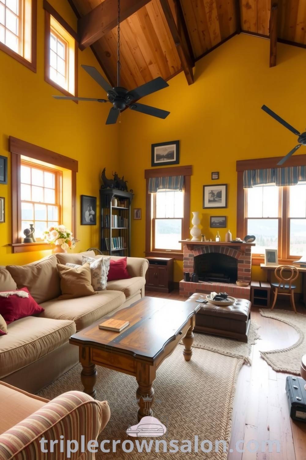 Cozy farmhouse living room featuring a warm yellow hue from sunlight, a plush worn sofa, rustic wooden coffee table, nostalgic photographs on the walls, a braided rug, and a crackling old stone fireplace, showcasing cozy ideas and decor inspirations for your home. www.triplecrownsalon.com