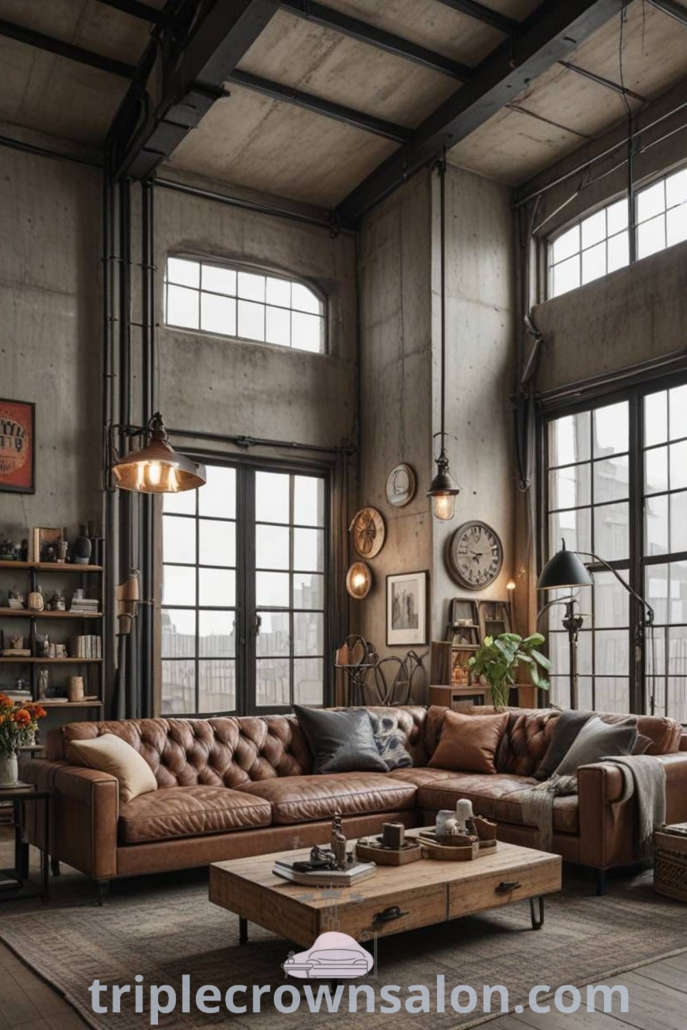 An industrial living room with leather furniture and large windows, highlighting the industrial and rustic interior style. This cozy home decor showcases ideas for modern industrial interiors and unique design tips. Find more decor inspirations at triplecrownsalon.com.