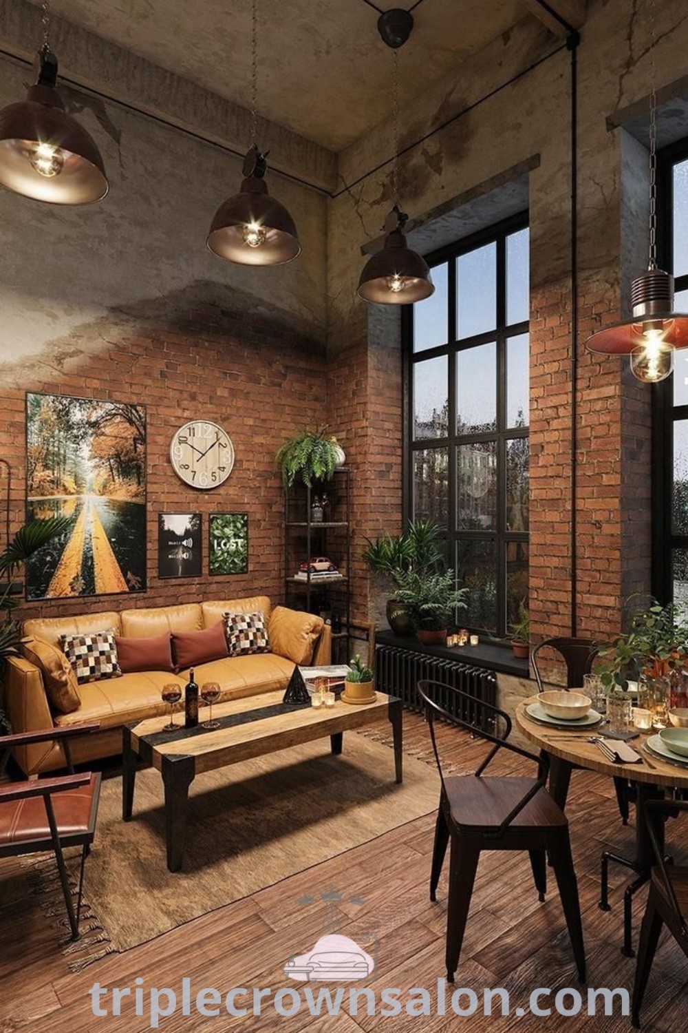 An inviting industrial loft living room featuring eclectic industrial decor, unique furniture, and cozy accents that inspire home design. This stylish space highlights industrial boho elements, perfect for apartment or house decoration ideas. Explore more inspirations at triplecrownsalon.com.