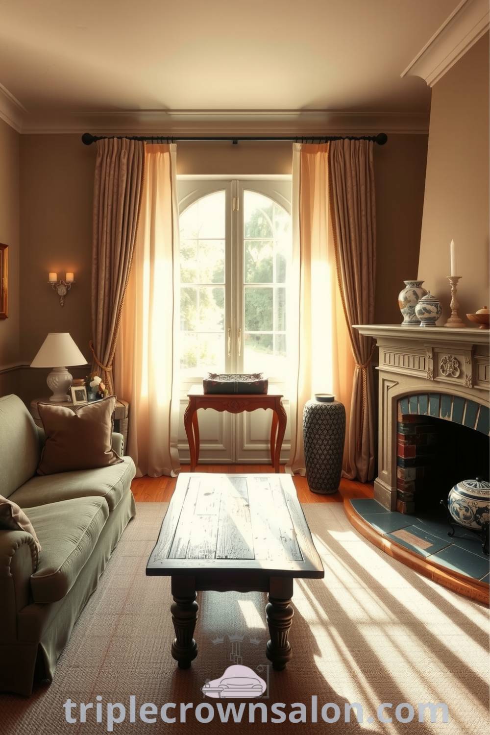 Cozy French living room featuring muted earth tones, a well-worn sofa, an antique coffee table, delicate porcelain accents, and a flickering candle on a mantelpiece, creating a warm and inviting atmosphere; find more design ideas for your home at triplecrownsalon.com.