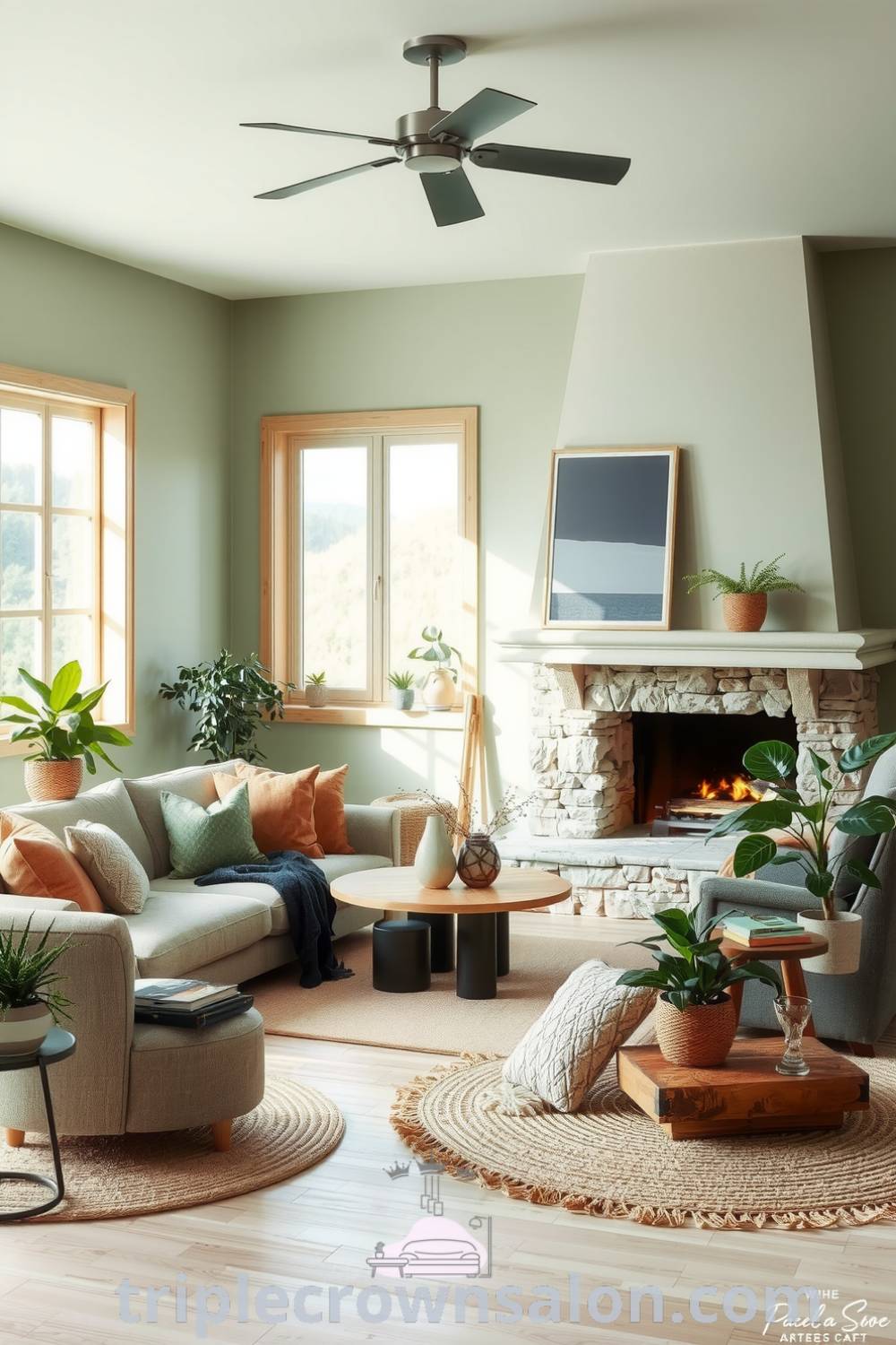 Scandinavian living room featuring soft green tones, light wood accents, an oversized plush sofa with muted textiles, a simple stone fireplace, floor-to-ceiling windows, woven rugs, and potted plants, showcasing cozy ideas and inspiring decor ideas for your home at triplecrownsalon.com.