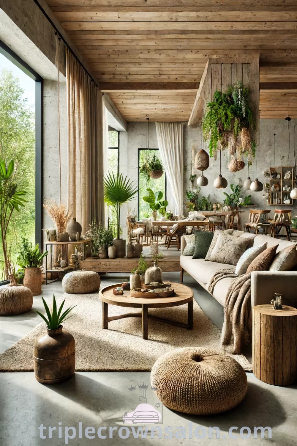 A cozy living room filled with furniture and a variety of plants, embodying nature-based interior design with organic materials and decor ideas. The space offers unique ideas for home inspiration, highlighting a jungle theme with DIY wall sconces. Discover more at triplecrownsalon.com.