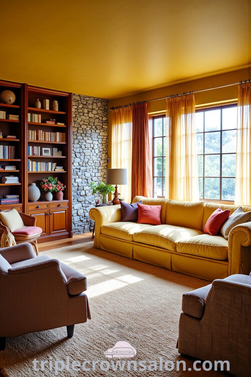 Rustic living room with warm yellow tones, featuring a plush oversized couch, mismatched armchairs, natural wood paneling, and exposed stone walls, creating a cozy atmosphere perfect for gatherings, with decor ideas that inspire a comfortable home environment. Visit fireplacesandwoodstoves.com for more inspiring ideas.