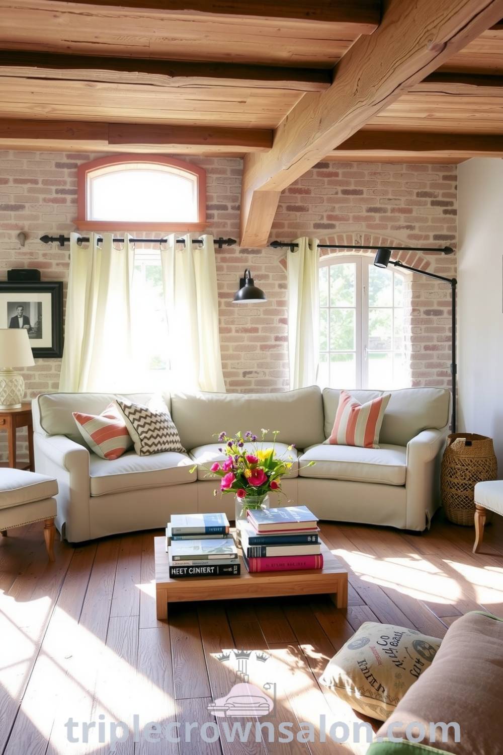 Cozy French living room with exposed brick walls, wooden beam ceiling, light linen sofa with vibrant pillows, and reclaimed wood coffee table featuring art books and wildflowers, showcasing cozy ideas and decor inspirations for inviting spaces on triplecrownsalon.com.