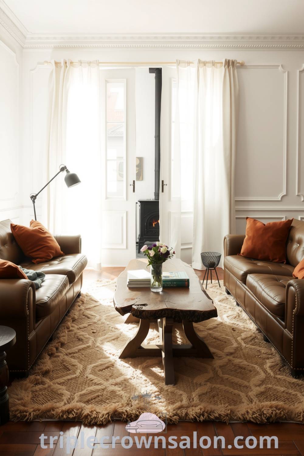 Cozy living room design featuring a well-worn leather sofa, large wooden coffee table with books and flowers, and natural light streaming through sheer curtains, creating an inviting ambiance. For inspiring decor ideas, visit fireplacesandwoodstoves.com.