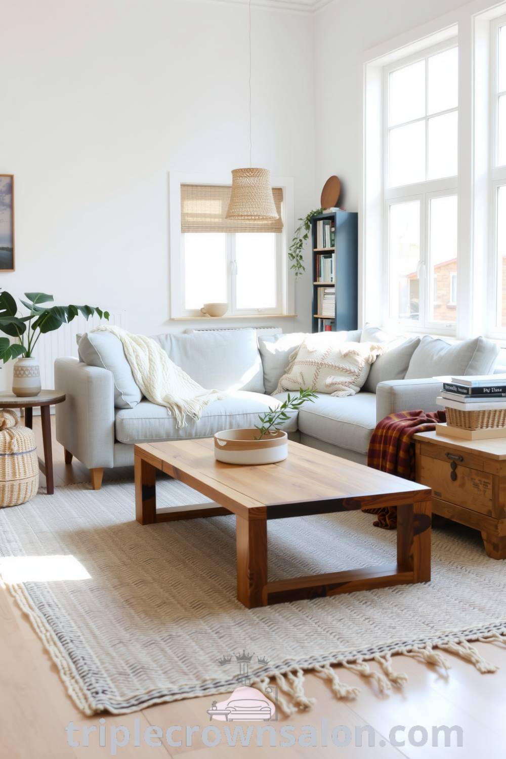 Scandinavian living room with bright white walls, wooden accents, a light grey sofa, knitted throws, a reclaimed wood coffee table, and floor-to-ceiling windows creating a cozy aesthetic and inviting atmosphere for relaxation and gatherings, featured on triplecrownsalon.com.