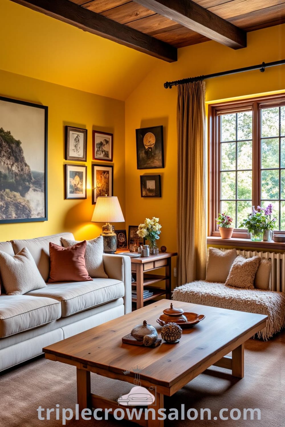 Cozy rustic living room featuring yellow walls, a handmade wooden coffee table, plush sofas, and vintage lamps creating a warm and inviting atmosphere, with decor inspirations from fireplacesandwoodstoves.com.