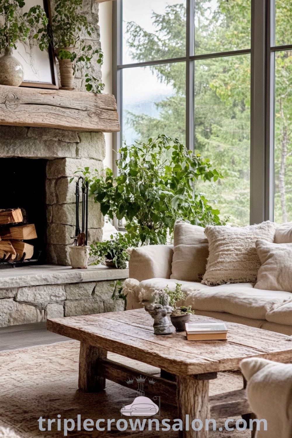 Nature-inspired living room with soft earthy tones, weathered wooden furniture, plush textiles, a stone fireplace, large windows allowing natural light, and potted plants, creating a cozy home atmosphere rich in decor ideas for small spaces found at triplecrownsalon.com.