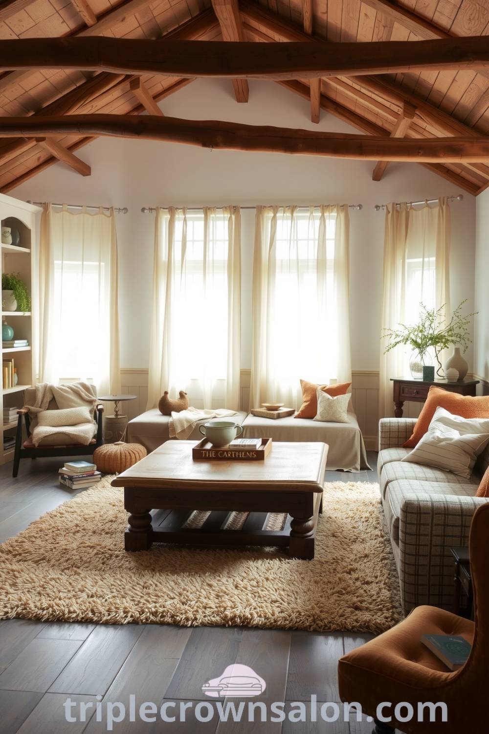 Cozy rustic living room bathed in warm light with exposed wooden beams, a handcrafted coffee table, plush area rug, and inviting overstuffed sofa, offering unique decor ideas for your home at fireplacesandwoodstoves.com.