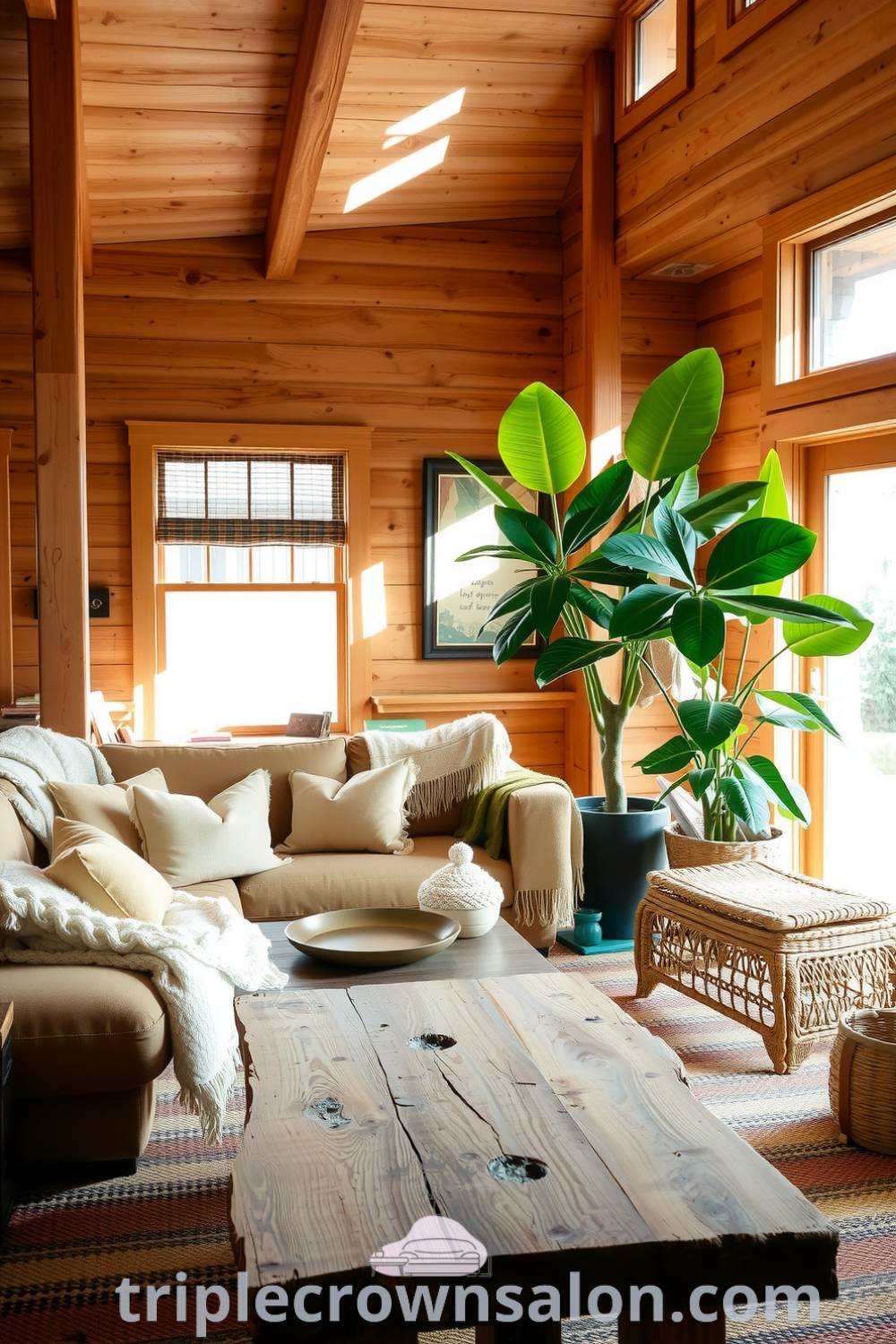 Cozy nature-inspired living room with warm wooden walls, earthy-toned sofa, handwoven throws, large leafy plants, and a rustic reclaimed wood coffee table, providing cozy ideas and decor inspirations for your home, visit triplecrownsalon.com.