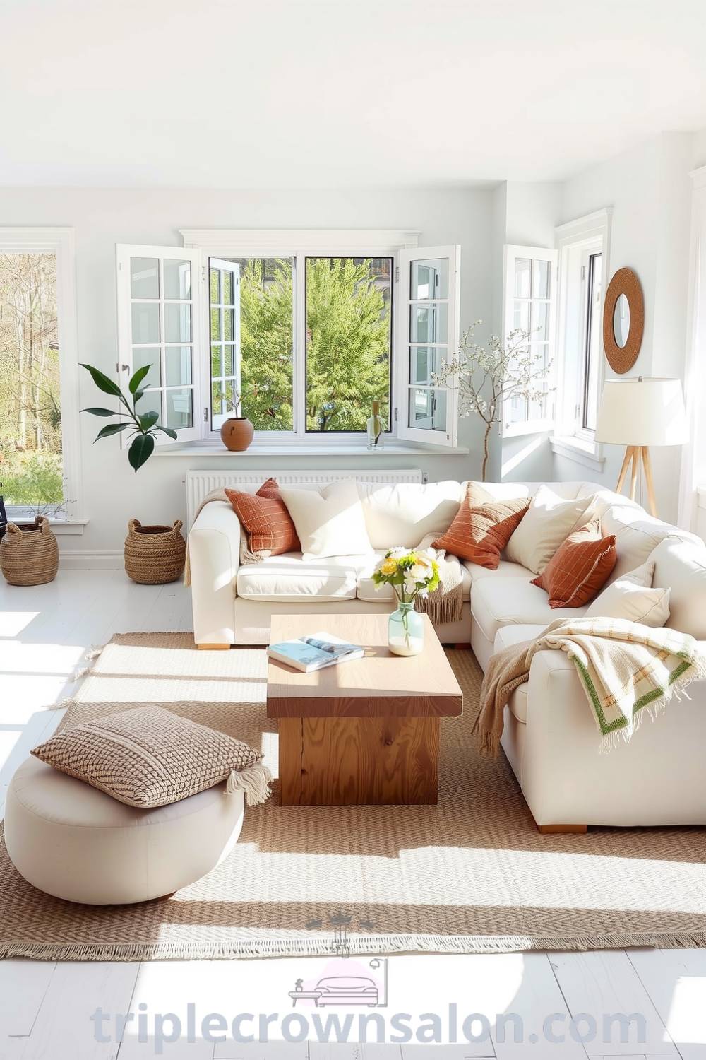 Bright Scandinavian living room featuring a cream sofa, raw-edged oak coffee table, woven rug, and muted cushions, providing cozy decor ideas and inspirations for your home, perfect for relaxation and gatherings, visit triplecrownsalon.com for more.