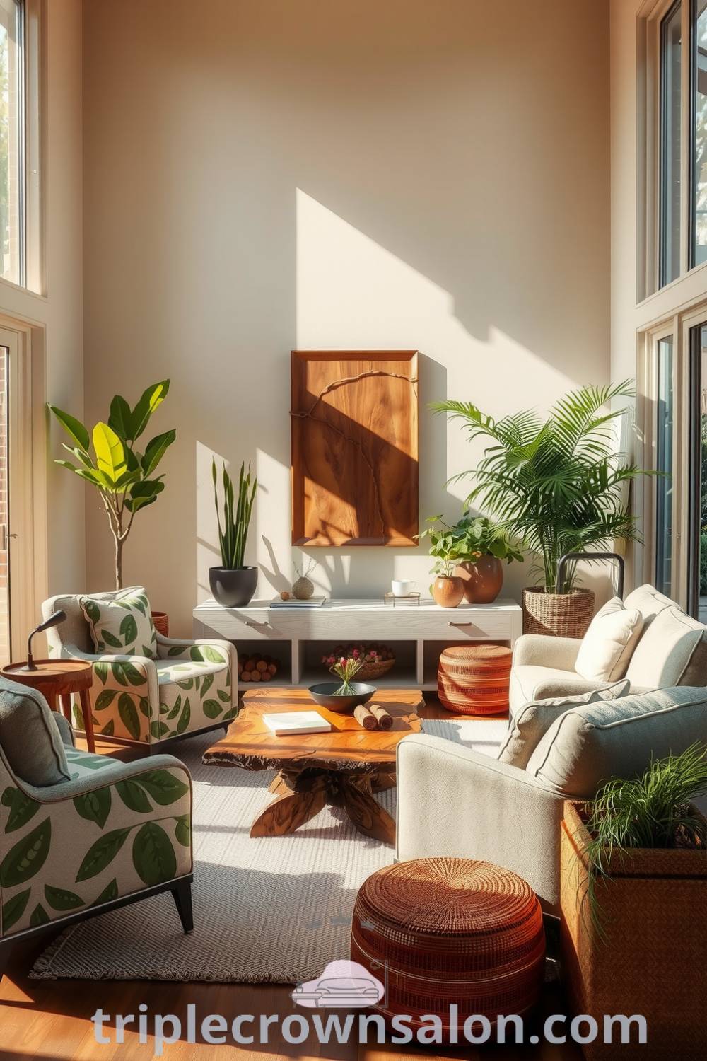 Nature-inspired living room with earthy tones, soft linens, warm wood, reclaimed wood coffee table, plush chairs with leafy patterns, abundant houseplants, and large windows, creating a cozy aesthetic perfect for relaxation. Explore unique decor ideas for your home at triplecrownsalon.com.