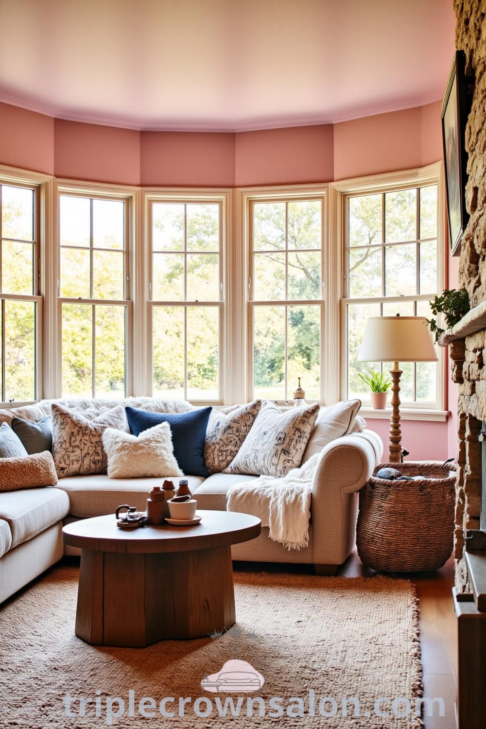 Cozy rustic living room featuring soft pink walls, a plush sofa with patterned throw pillows, a reclaimed wood coffee table, and a stone fireplace, creating warm atmospheres with inspiring decor ideas for your home, showcased at fireplacesandwoodstoves.com.