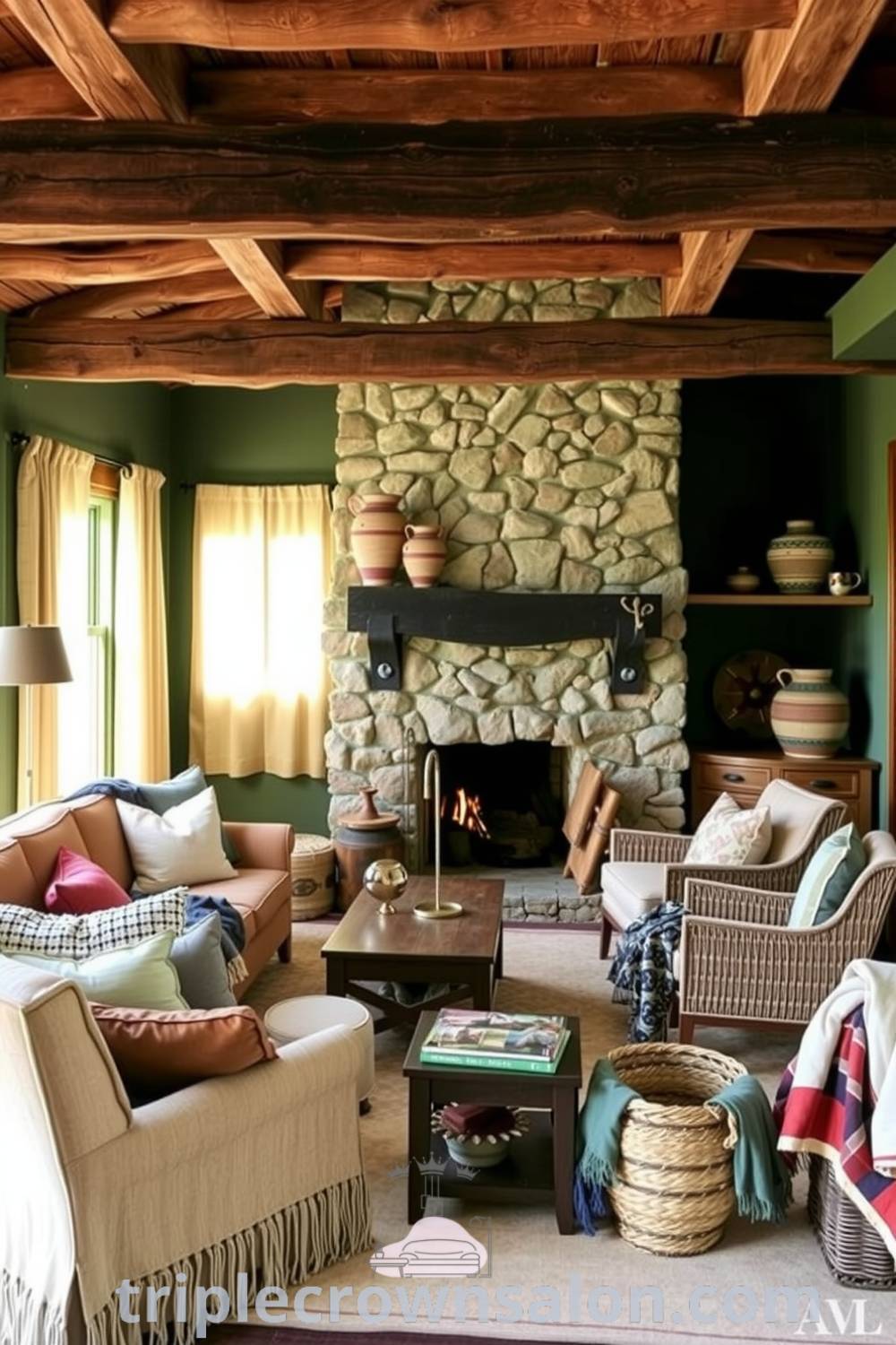 Rustic living room with deep green walls, a plush sofa, and a glowing stone fireplace that creates a cozy atmosphere, featuring handcrafted pottery and woven baskets, providing unique decor inspirations for your home at fireplacesandwoodstoves.com.