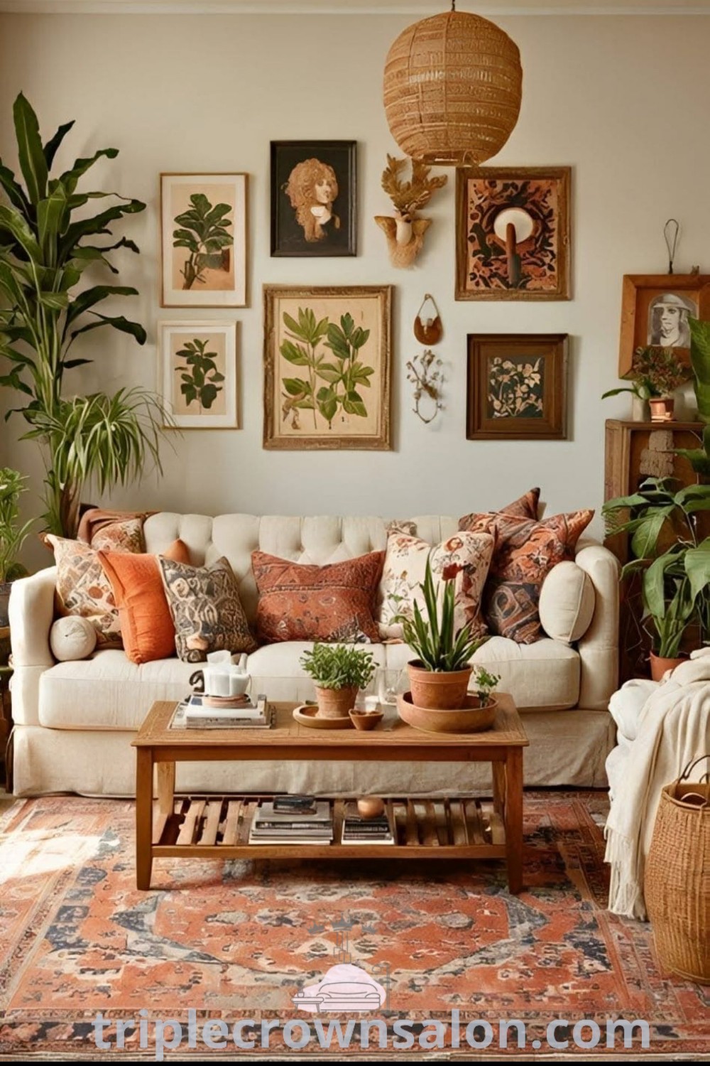 A cozy living room filled with abundant plants and colorful artwork above the couch, featuring Scandinavian design elements and inviting decor inspirations for a refreshing space. Explore more ideas for your home at wellnesswink.com.