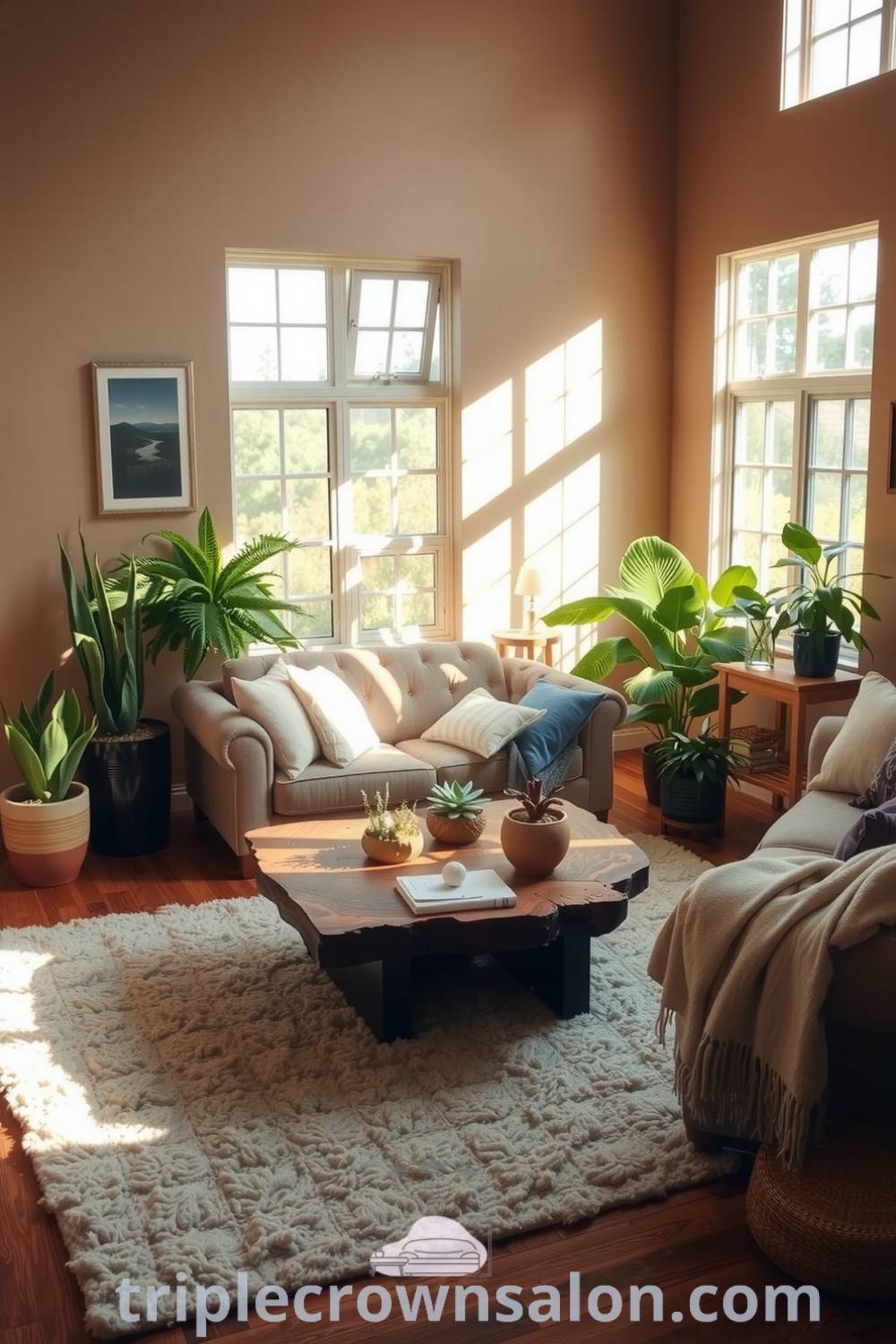 Nature-inspired living room featuring soft earth tones, large windows with afternoon sunlight, plush area rug, potted plants, natural-fiber sofas with cozy throws, and a reclaimed wood coffee table, showcasing cozy ideas and unique designs for your home on triplecrownsalon.com.