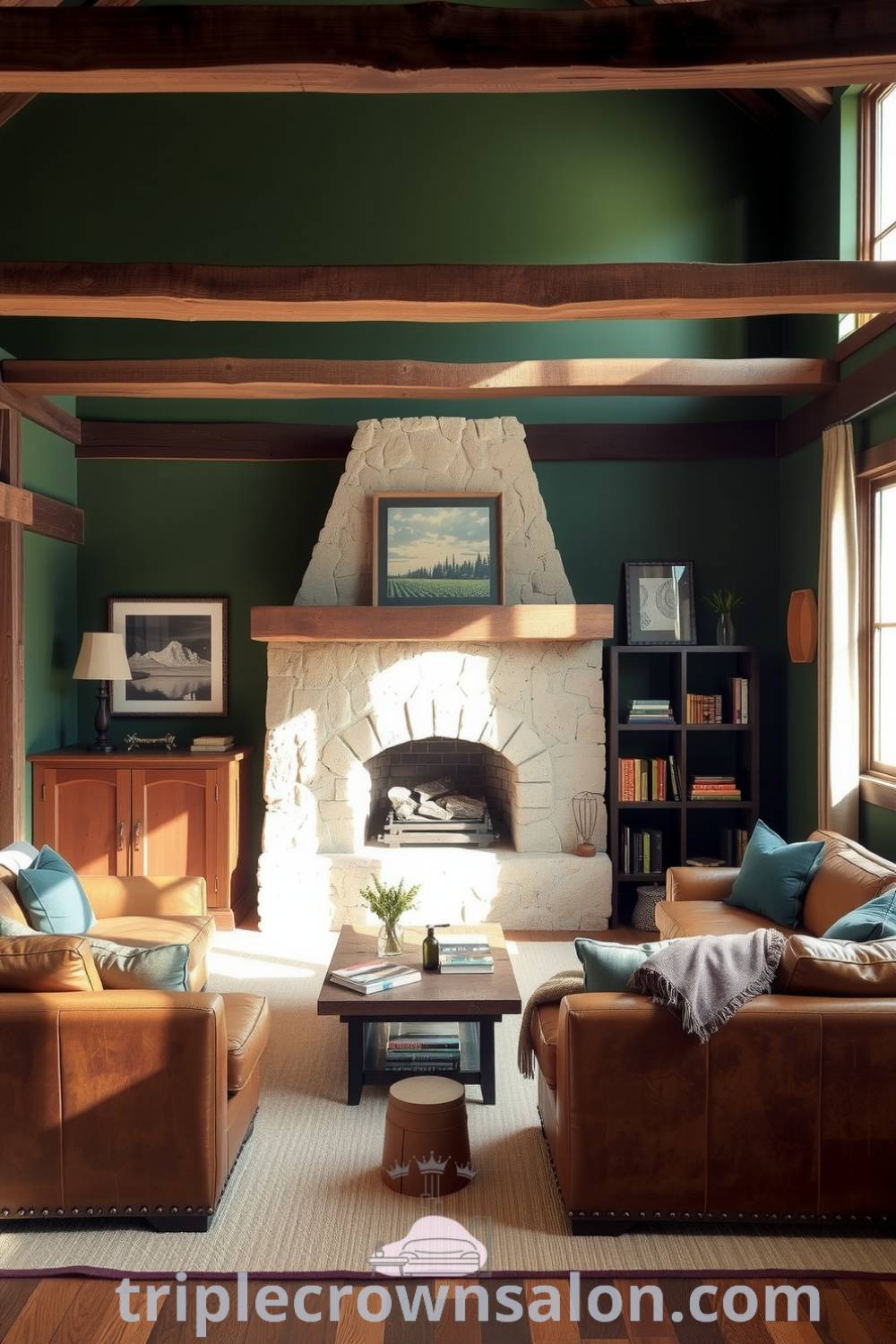 Rustic living room with deep green walls, reclaimed wooden beams, stone fireplace, and well-worn leather sofas, creating a cozy atmosphere with soft linen curtains, offering design ideas and inspirations for your home at fireplacesandwoodstoves.com.